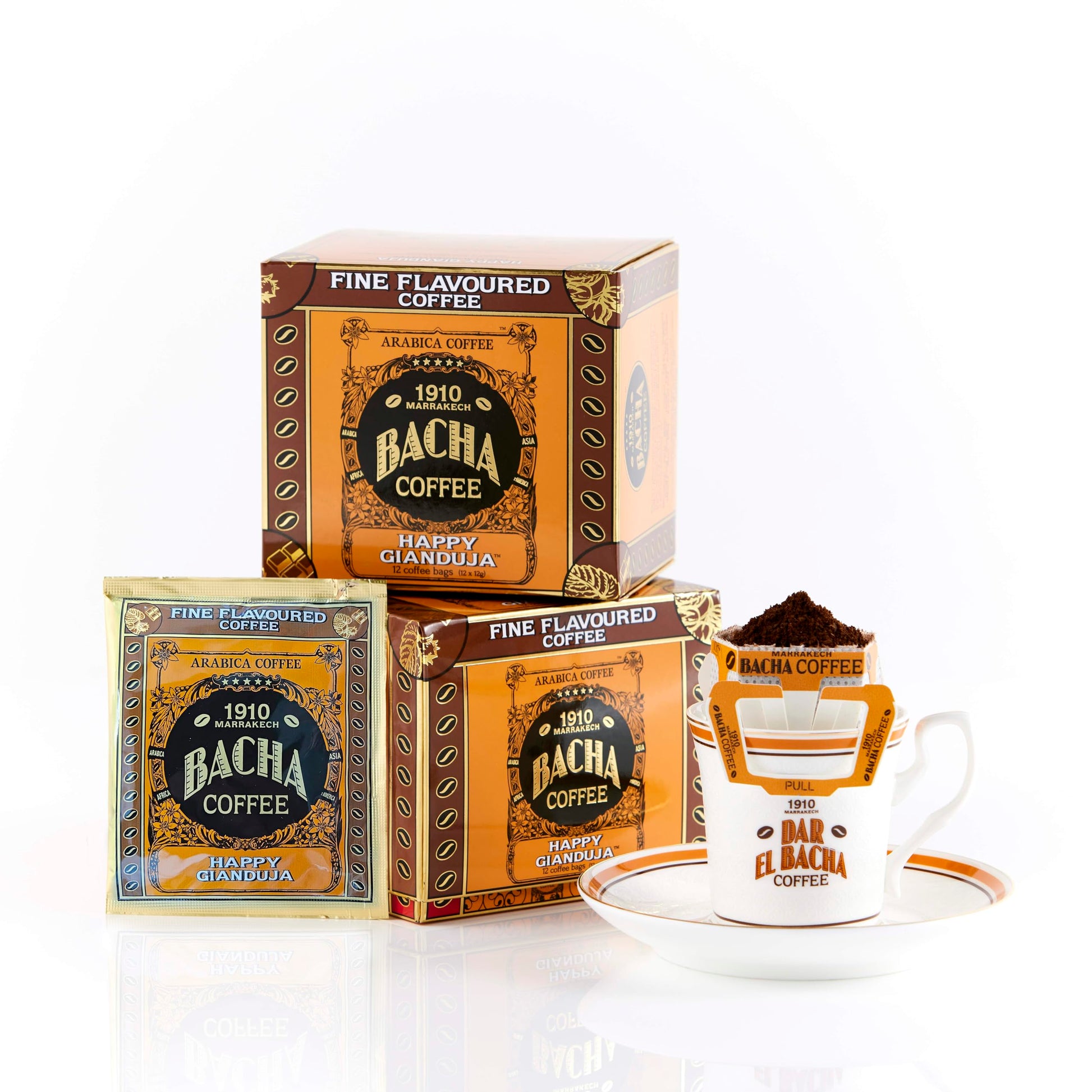 Bacha Coffee | Happy Gianduja Fine Flavoured, 100% Arabica Beans, Medium Roast, x12 Individually Wrapped Single Serve Filter Bag