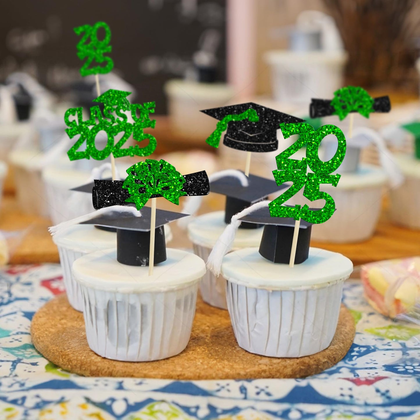 Ephlyn Graduation Cupcake Toppers, 36 Pcs, Glitter Class of 2025, Diploma & Cap Picks, Green