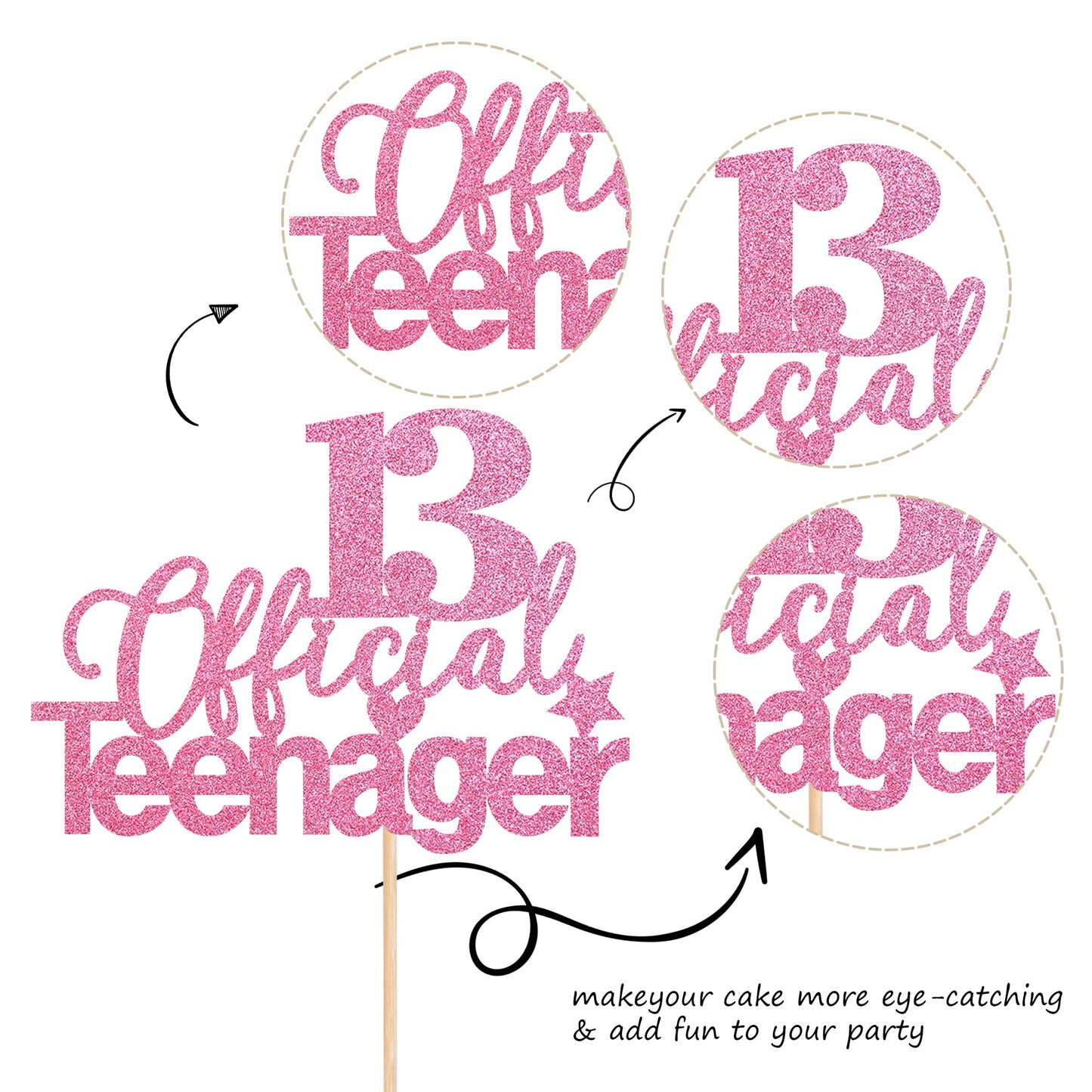 1 PCS 13 Official Teenager Cake Topper Glitter 13th Birthday Cake Pick Decorations for Teen 13th Birthday Party Supplies Pink