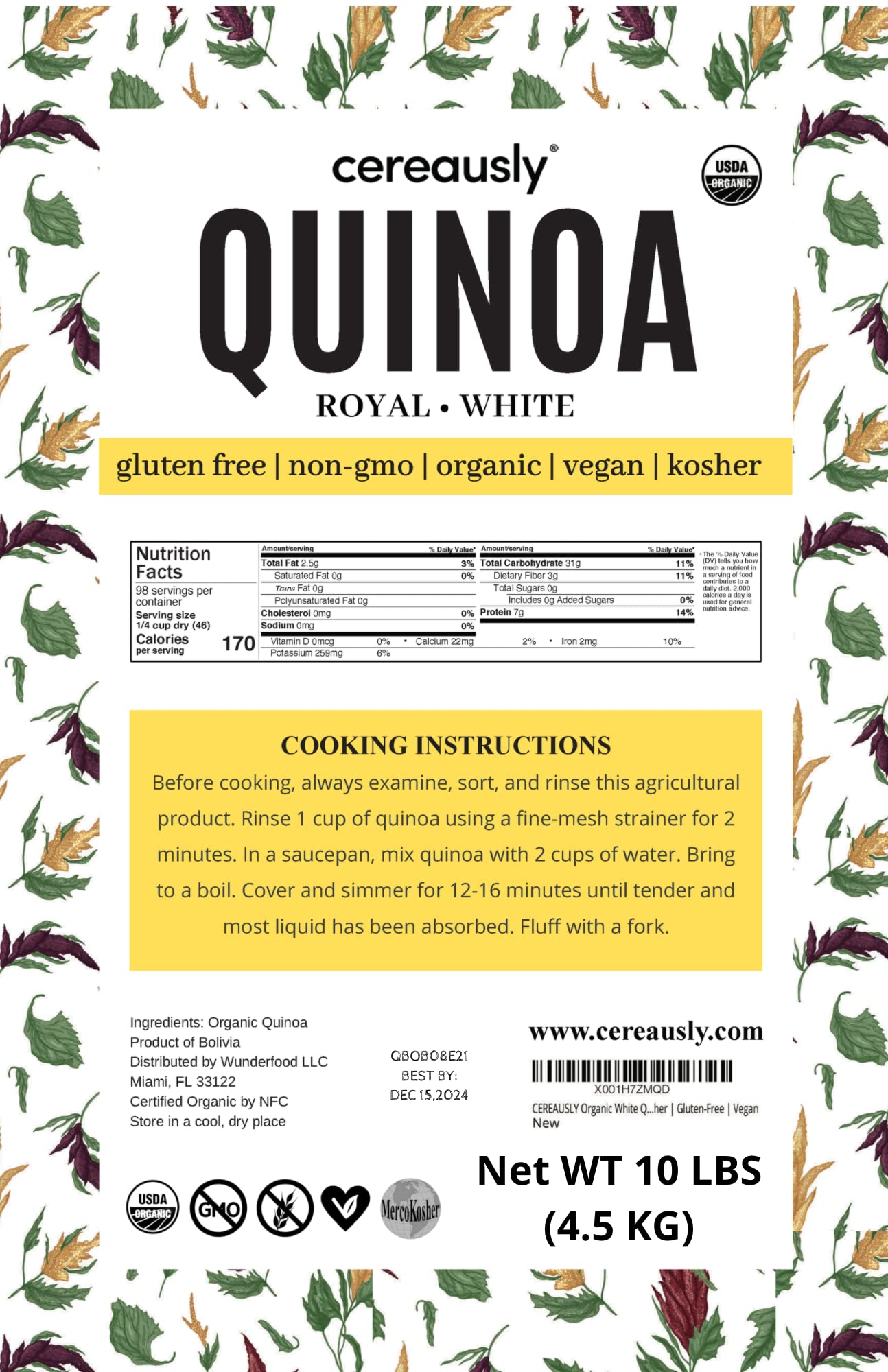 CEREAUSLY Organic White Quinoa - enhanced Royal Quinoa from Bolivia - Kosher and Non-GMO Quinoa Bulk - Vegan and Gluten-Fee Cooking Quinoa - 10 LB