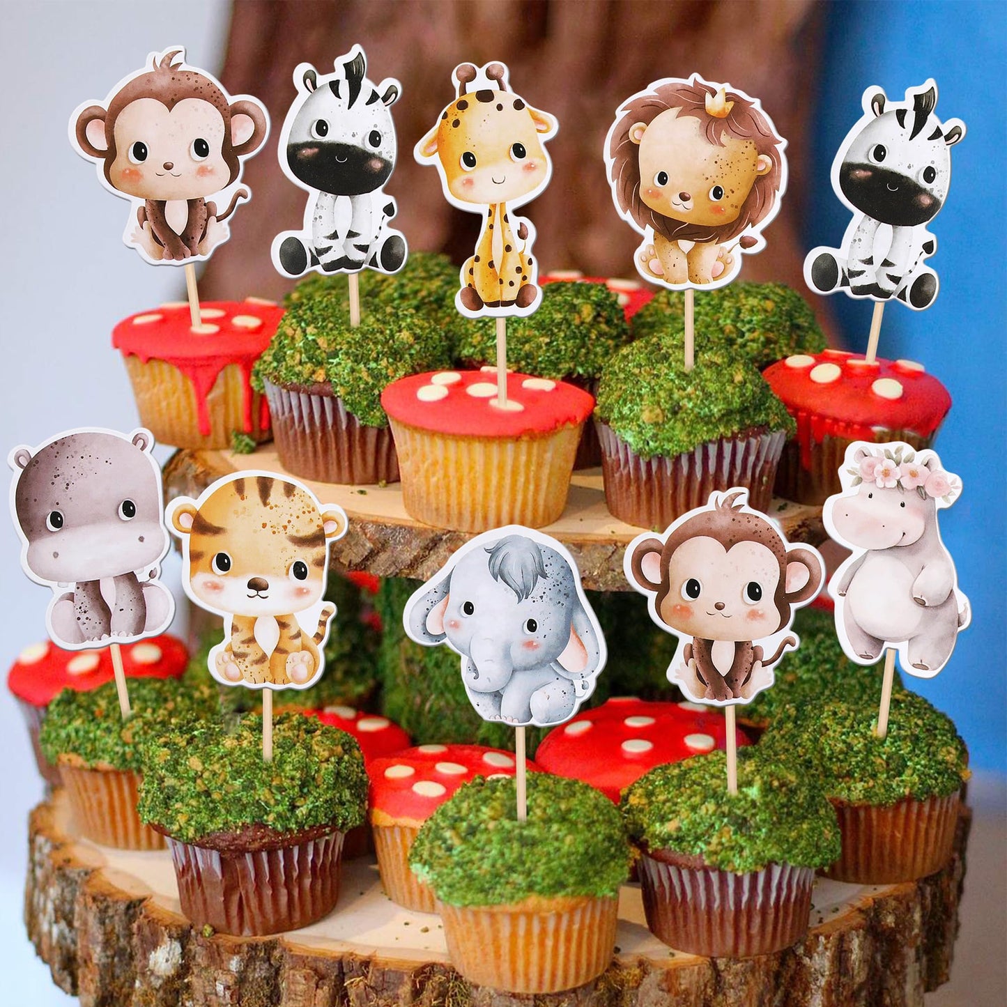 40 Pcs Jungle Animals Cupcake Toppers Elephant Giraffe Lion Hippo Monkey Tiger Zebra Safari Animals Cupcake Picks For Zoo Woodla