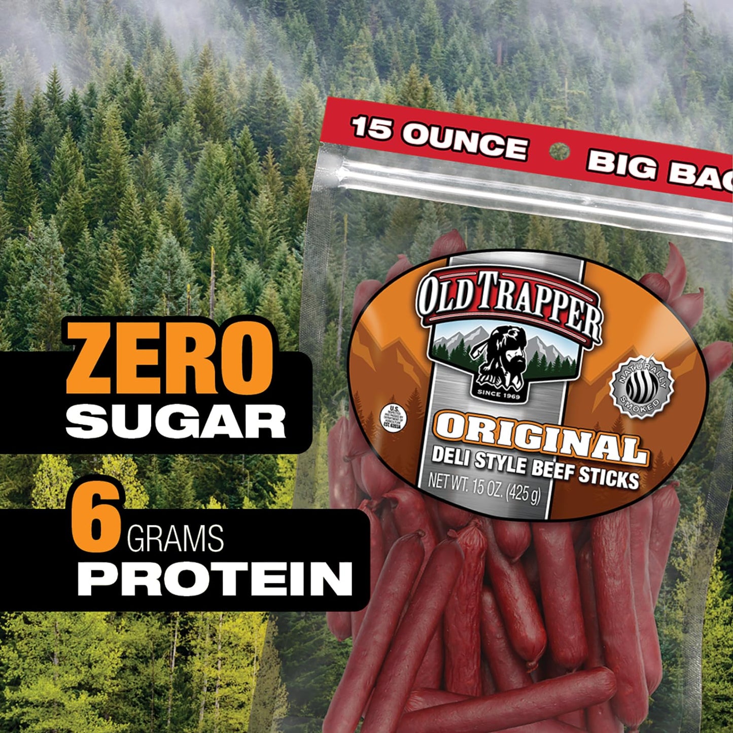 Old Trapper Beef Sticks - Original Deli Style, 6g Protein, 15 Oz Bag, Model 33115T