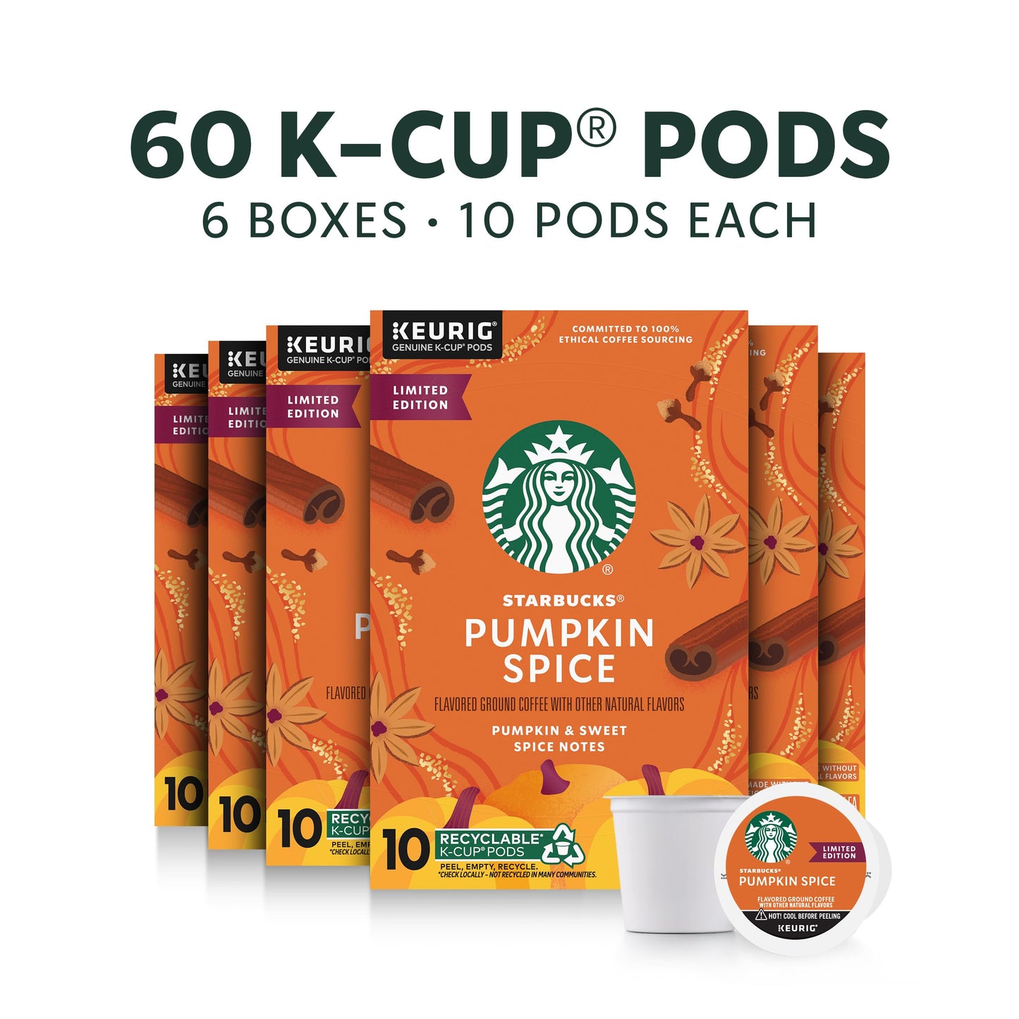 Starbucks K-Cup Coffee Pods, Pumpkin Spice Flavor, 10 Count (Pack of 6), 100% Arabica, Limited Edition