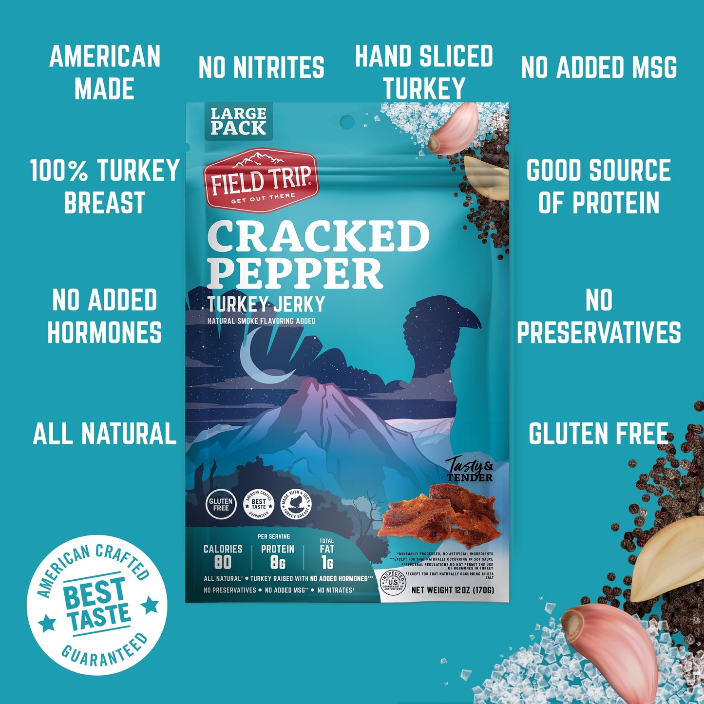 Field Trip Turkey Jerky, All Natural, Gluten Free, High Protein Snack, 12oz Bag,  ed Pepper