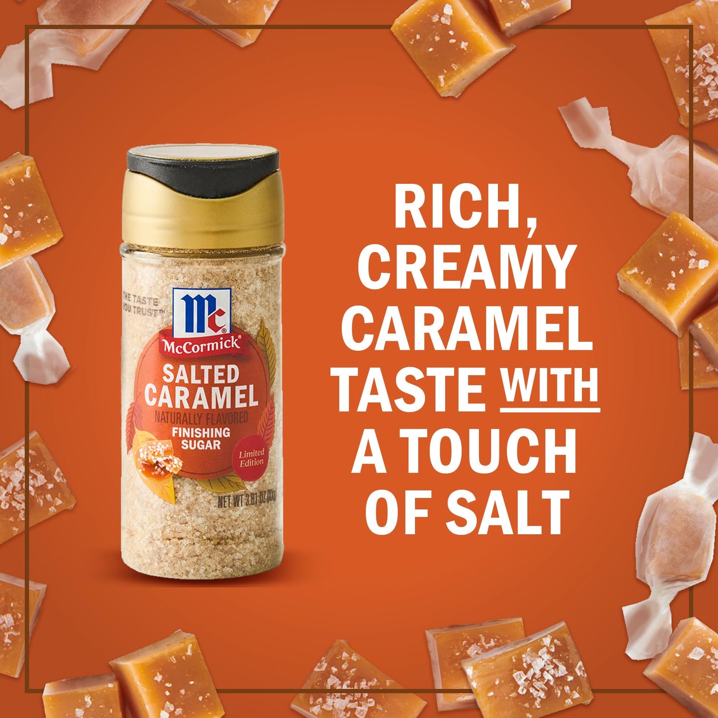 McCormick Finishing Sugar  Salted Caramel  Limited Edition  Creamy Caramel Flavor with a Touch of Salt  For Coffee  Ice Cream  Brownies  Popcorn  Hot Cocoa  and More  3.81 oz