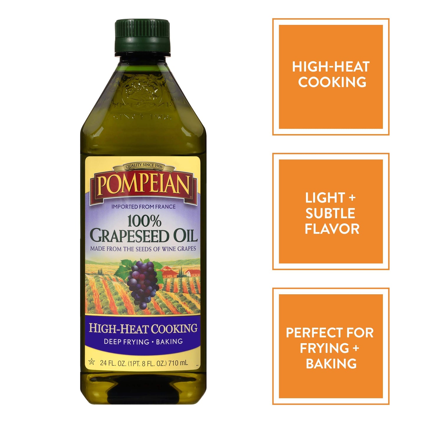 Pompeian 100% Grapeseed Oil, Light And Subtle Flavor, Perfect For High-Heat Cooking, Deep Frying And Baking, Rich In Vitamin E,