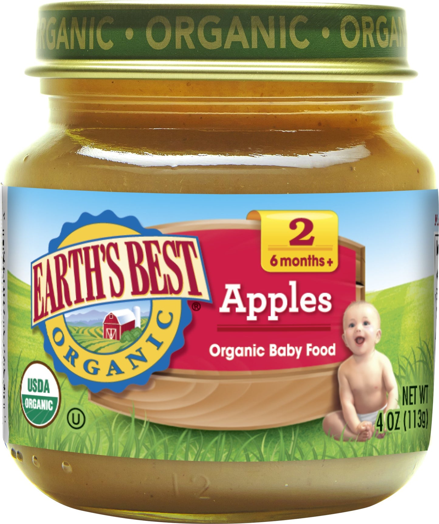 Earth'S Best Organic Baby Food Jars, Stage 2 Fruit Puree For Babies 6 Months And Older, Organic Apples, 4 Oz Resealable Glass Ja