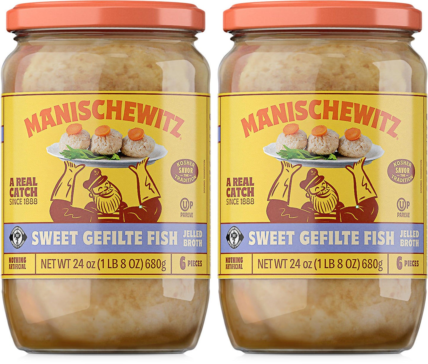 Manischewitz Sweet Gefilte Fish In Jelled Broth 24Oz (2 Pack), Packed With Protein, No Added Msg, Kosher For Passover