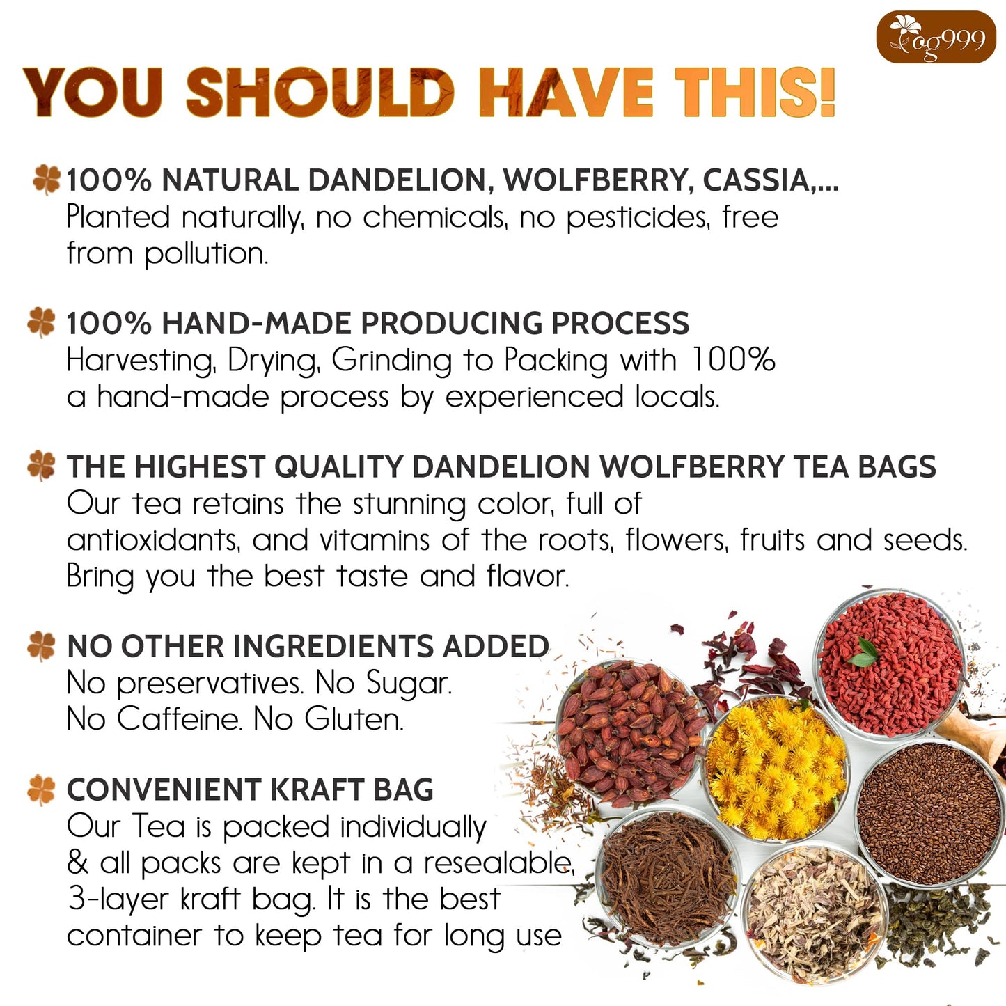 TOG999 Organic Dandelion Wolfberry Tea, 9 Herbal Ingredients, 30 Bags
