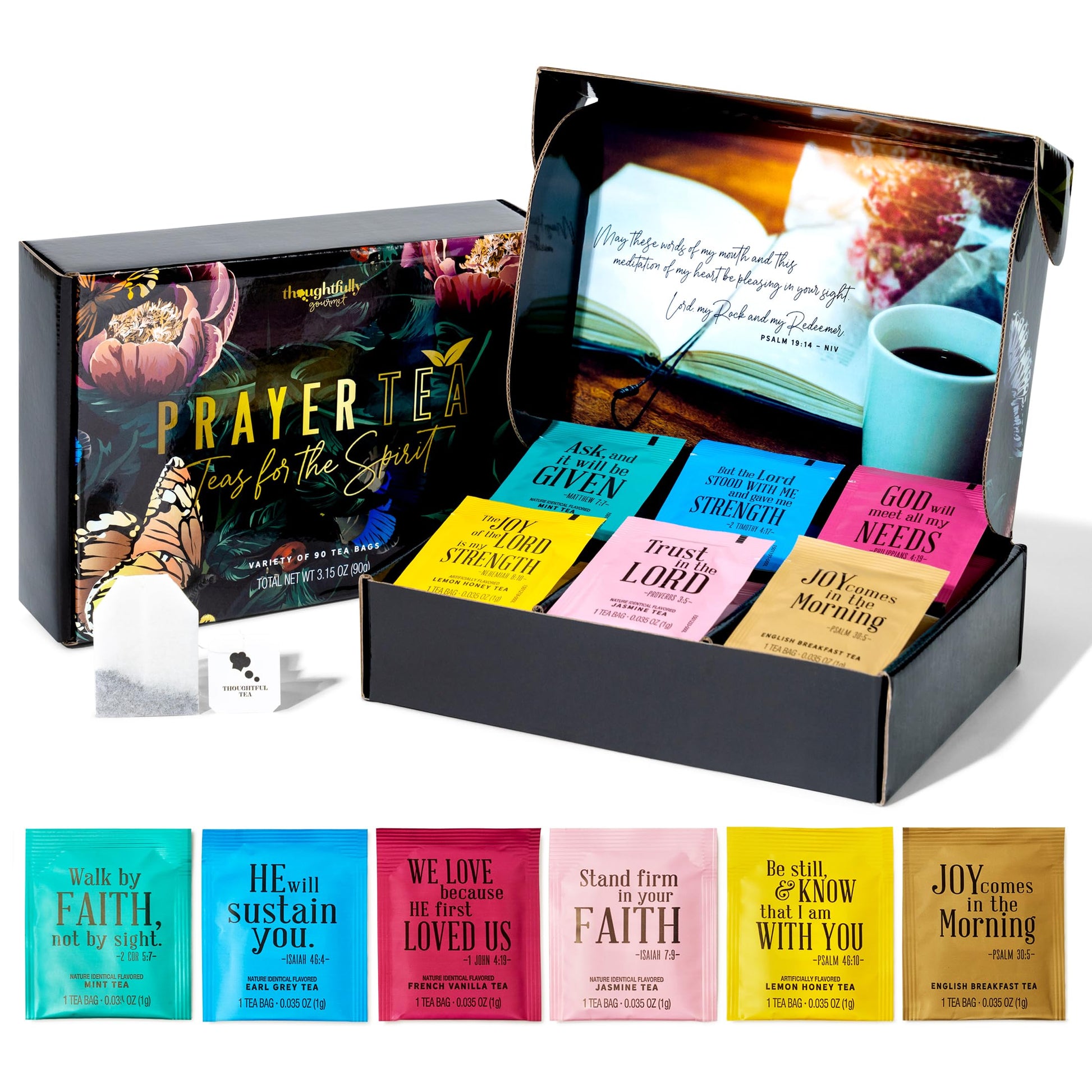Thoughtfully Gourmet Tea Affirmations Gift Set, 6 Flavours with Bible Verses, 90 Count