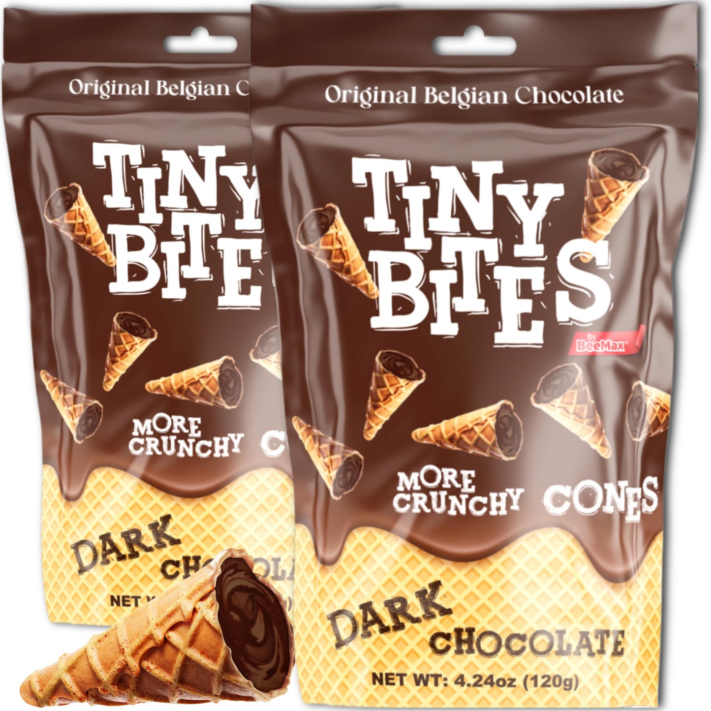 BEEMAX Tiny Bites Mini Waffle Cones - Premium Belgian Chocolate, 4.24 oz (2 Pack) - Perfect Snack or Ice Cream Topping