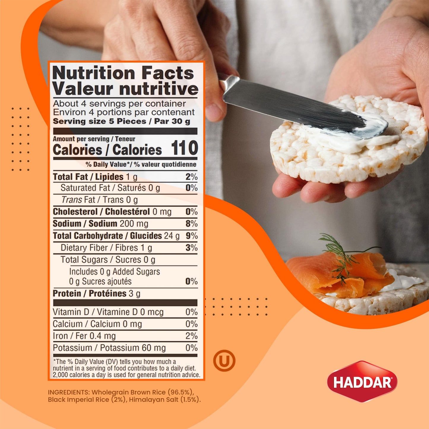 Haddar Wholegrain Thin Rice Cakes with Himalayan Sea Salt, 4.2oz (3 Pack) | Gluten Free | Made With Whole Grain Brown Rice | Veg
