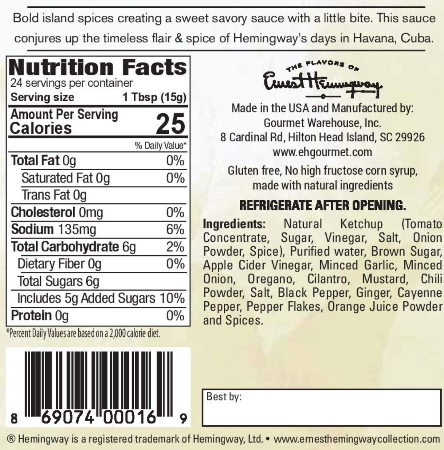 Flavors of Ernest Hemingway Sauces, The Havana BBQ Sauce, 12 ozs, 2 Pack - Gluten Free, No MSG, No HFCS