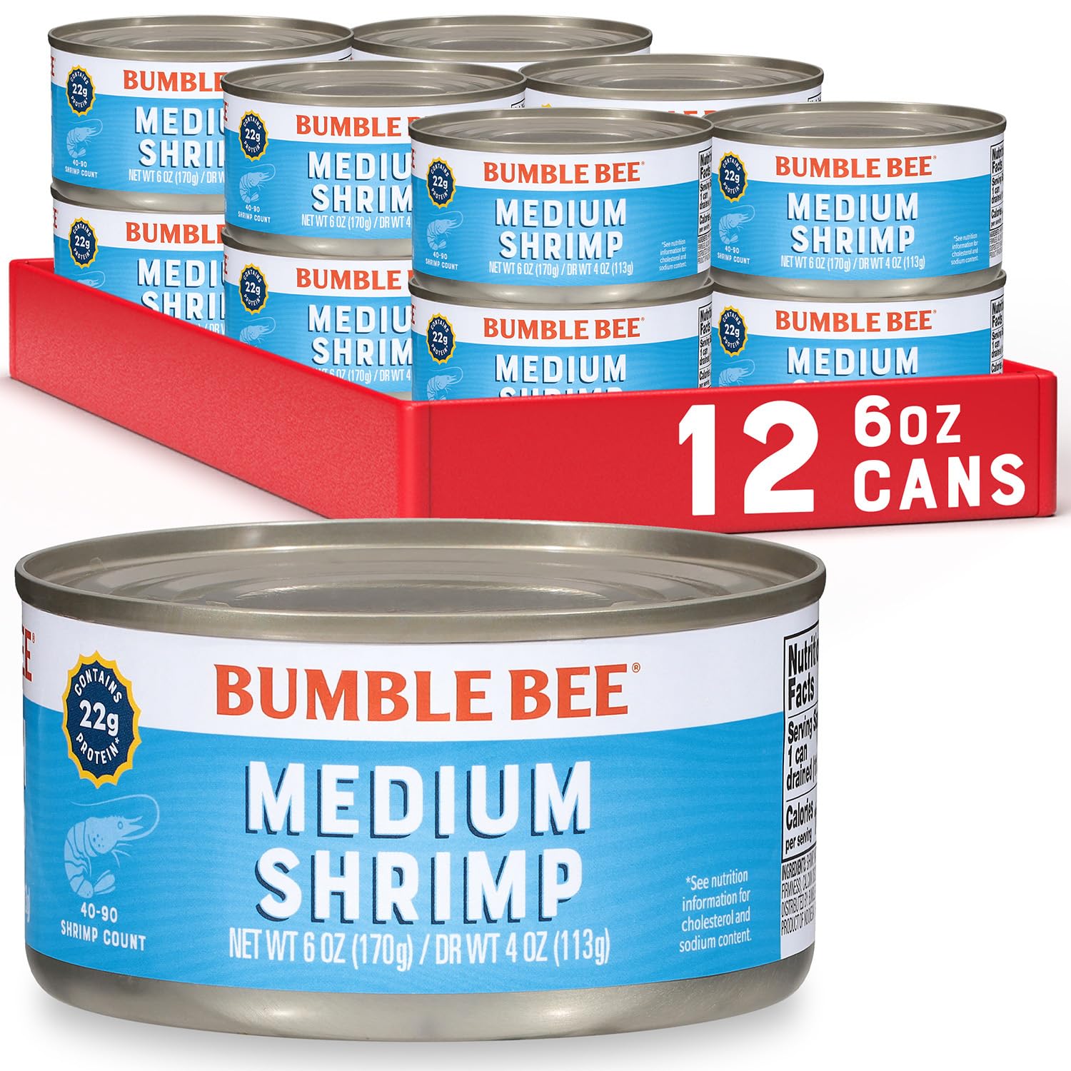 Bumble Bee Medium Canned Shrimp, 6 oz Cans (Pack of 12) - Shrimp in Water, Cooked, Peeled, Deveined - 22g Protein per Serving - 