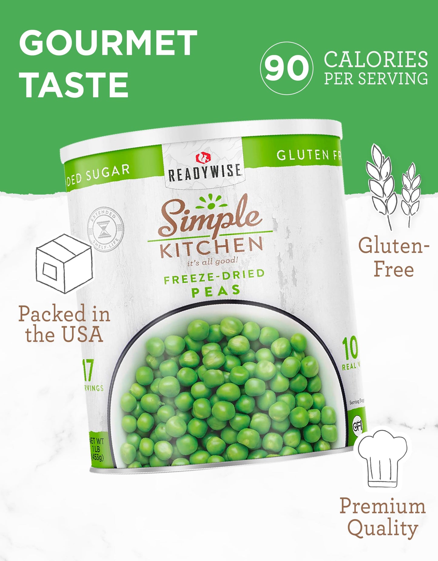 Simple Kitchen Freeze Dried Peas - 17 Servings For Family Meal Prep, Gluten Free & Dehydrated Just Add Water Canned Food, Emergency Survival Food For Camping Meals, Backpacking & Hiking, #10 Can