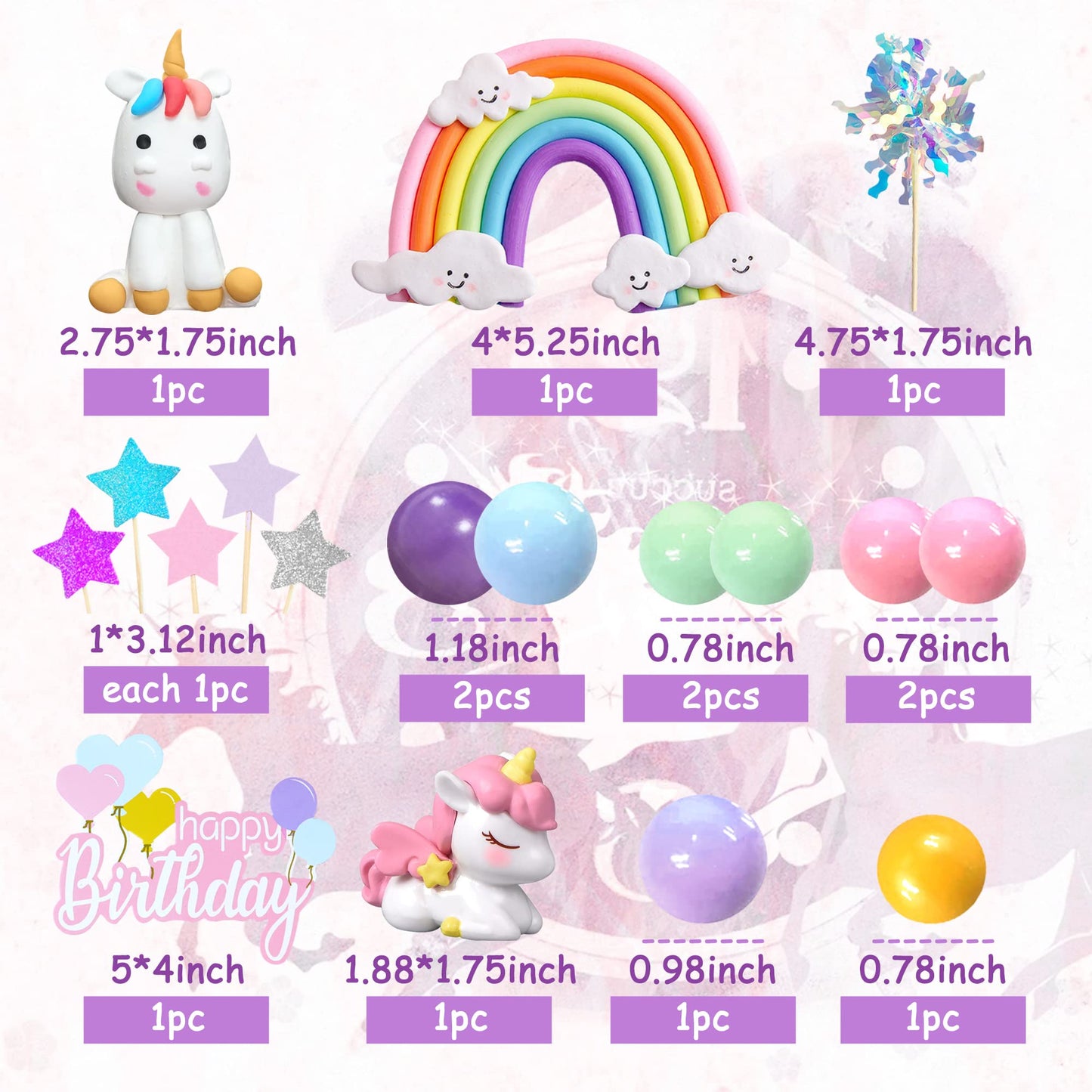 DRWATE 18 PCS Unicorn Cake Topper Set, Rainbow Stars & Foil Firework Balls, 0.78 inches, Kids Birthday Decorations (Style 1)
