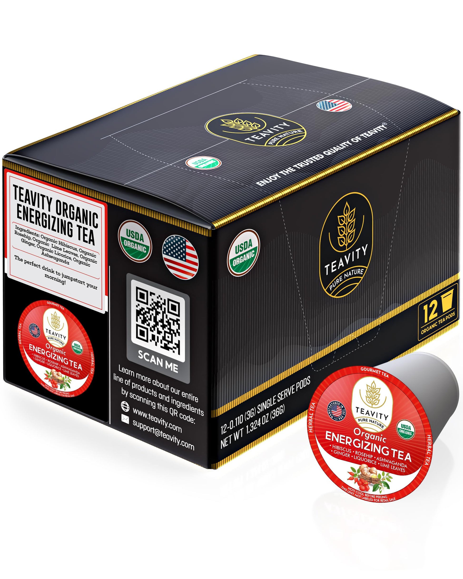 Organic Ashwagandha Tea Pods For Keurig With Ginger, Licorice, Organic Hibiscus Sabdariffa, Rosehip, & Lime - Decaf Herbal Tea - Energizing Tea By Teavity (12 Tea Pods)
