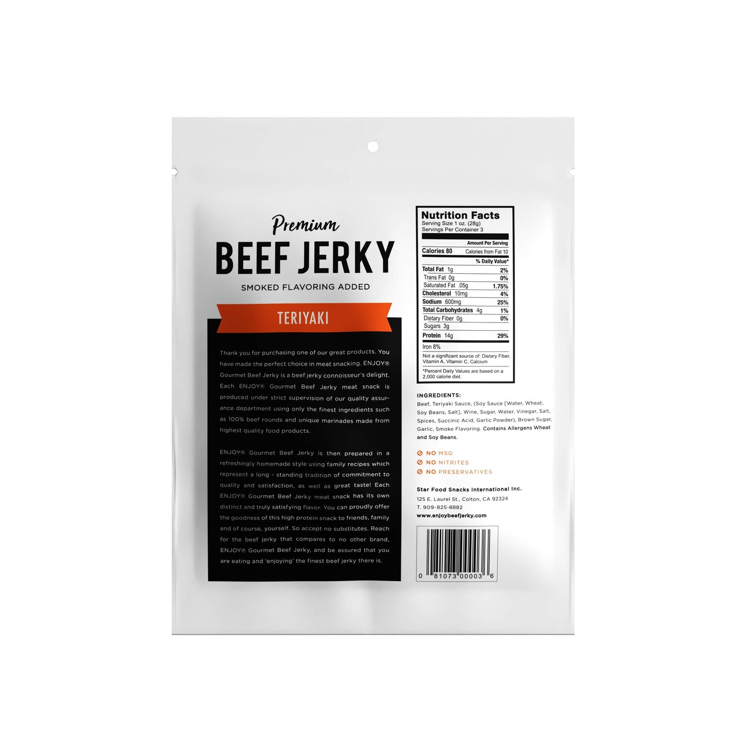 Enjoy Beef Jerky Teriyaki - All Natural Beef Jerky - 3oz Pack of 6