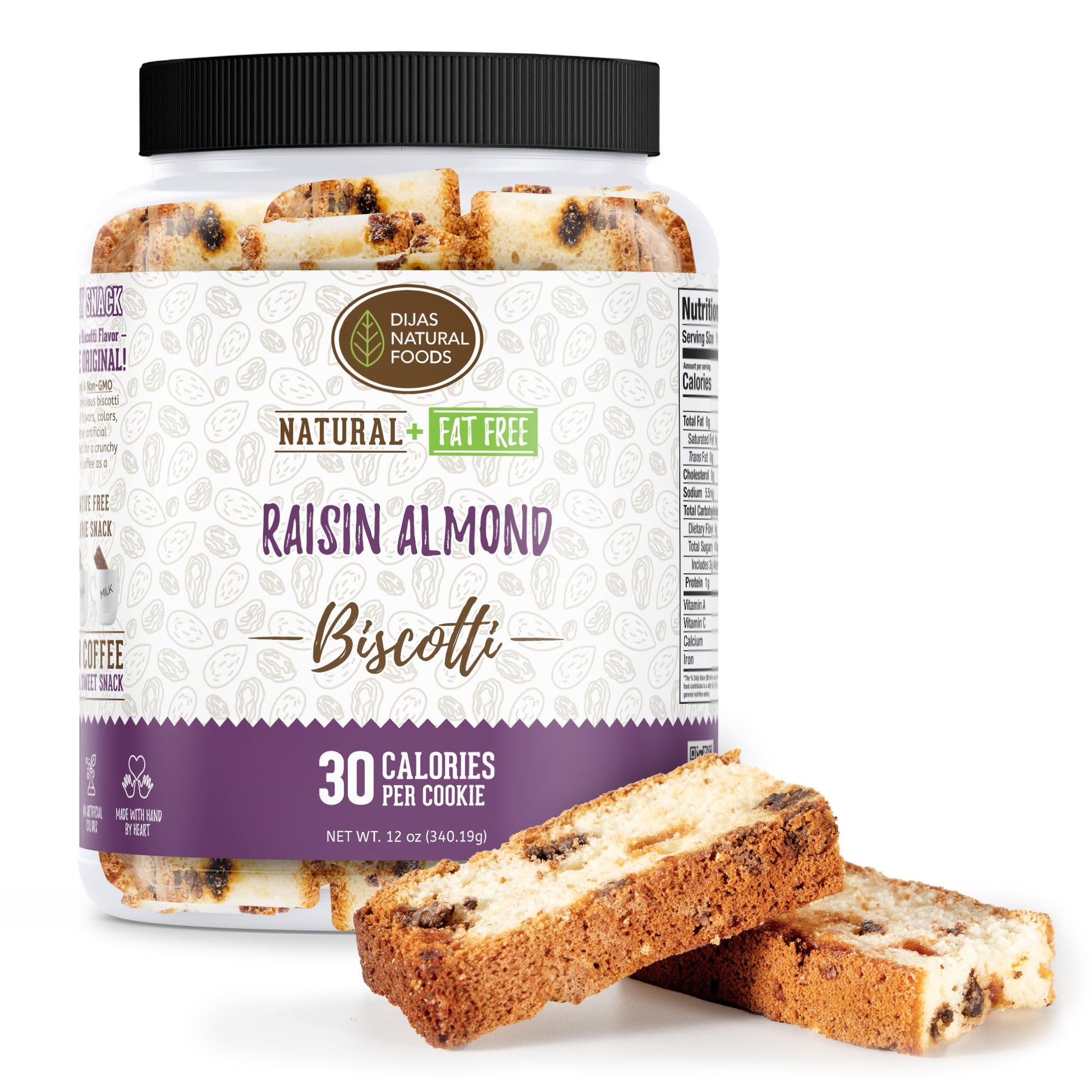 DIJAS Natural Foods, Individually Wrapped Fat Free Biscotti Cookie, All Natural Preservative Free Ingredients, Delicious Low Cal