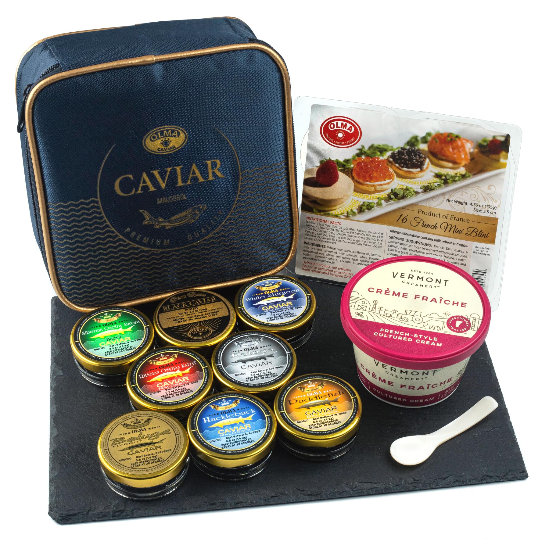 OLMA Caviar Taster Gift Set - 4 oz (112g) of Caviar, Includes 8 Varieties of Caviar Fish Roe (Beluga Hybrid, Osetra, Kaluga Roya