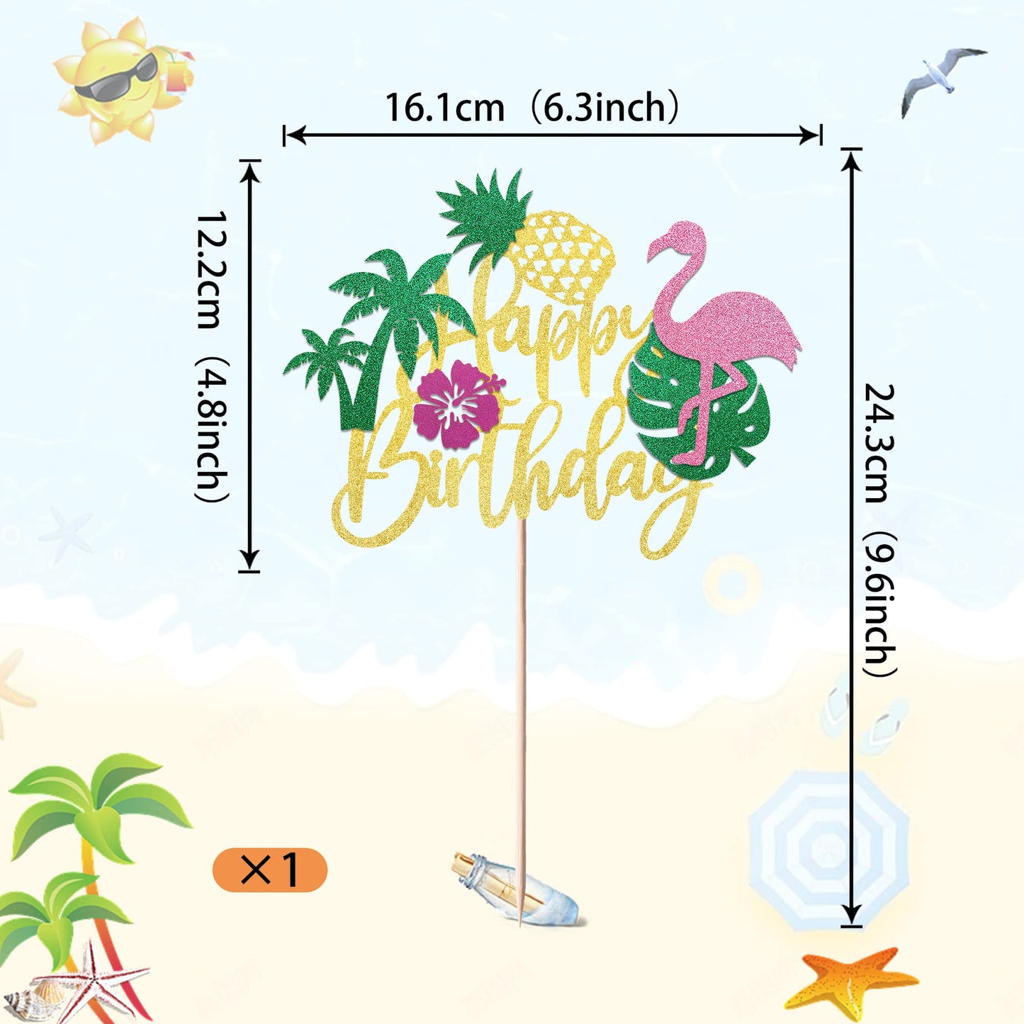 YCTHUNFISH Happy Birthday Cake Topper Tropical Hawaiian Luau Glitter Flamingo Pineapple Decoration, Bamboo, 6.3x9.6 inches