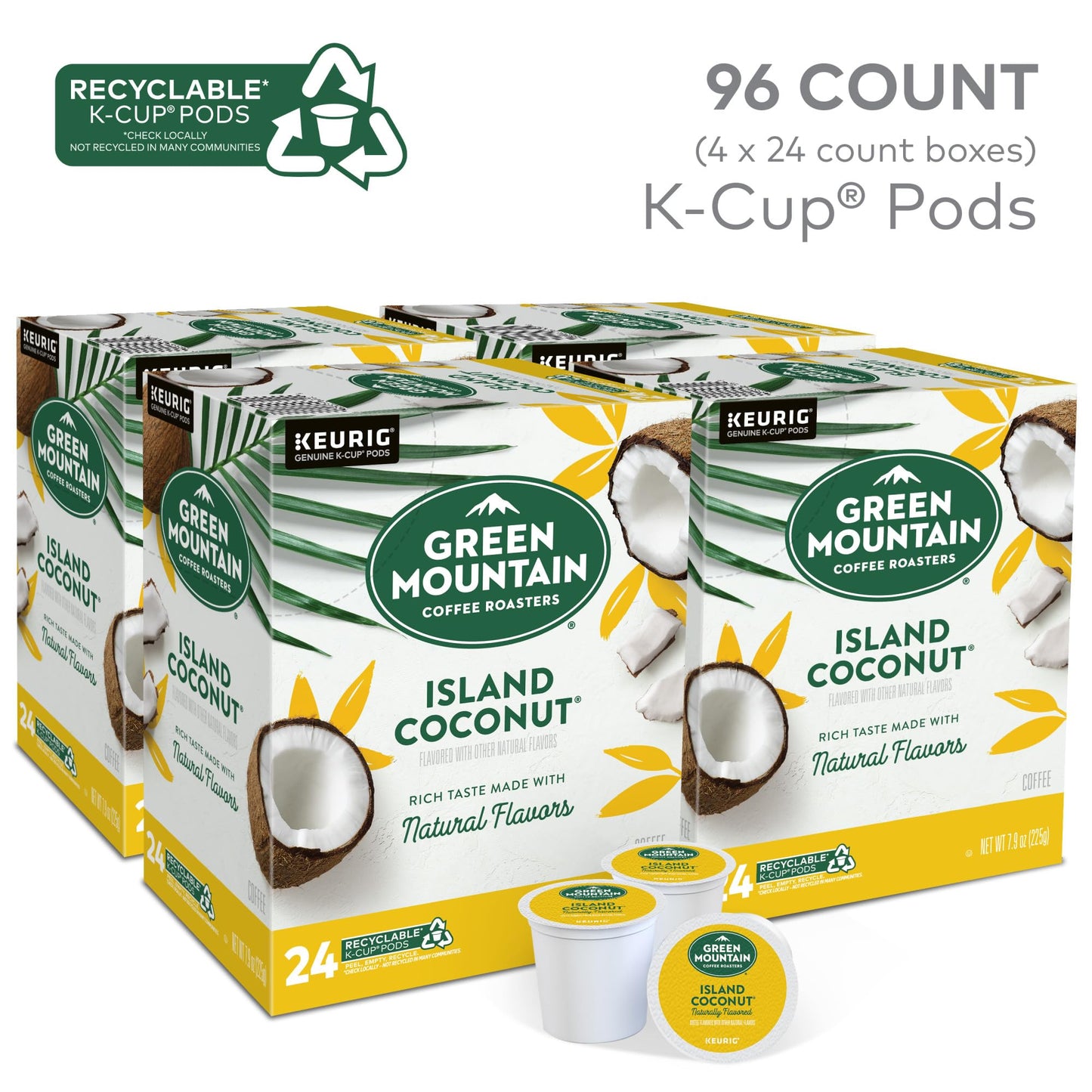 Green Mountain Coffee Roasters Island Coconut Keurig Single-Serve K-Cup Pods, Light Roast Coffee, 96 Count (4 Packs Of 24)