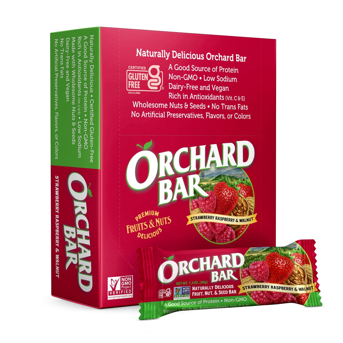 Orchard Bar Non-GMO Fruit & Nut Bars, Strawberry Raspberry Walnut, 1.4 Oz, Pack of 12
