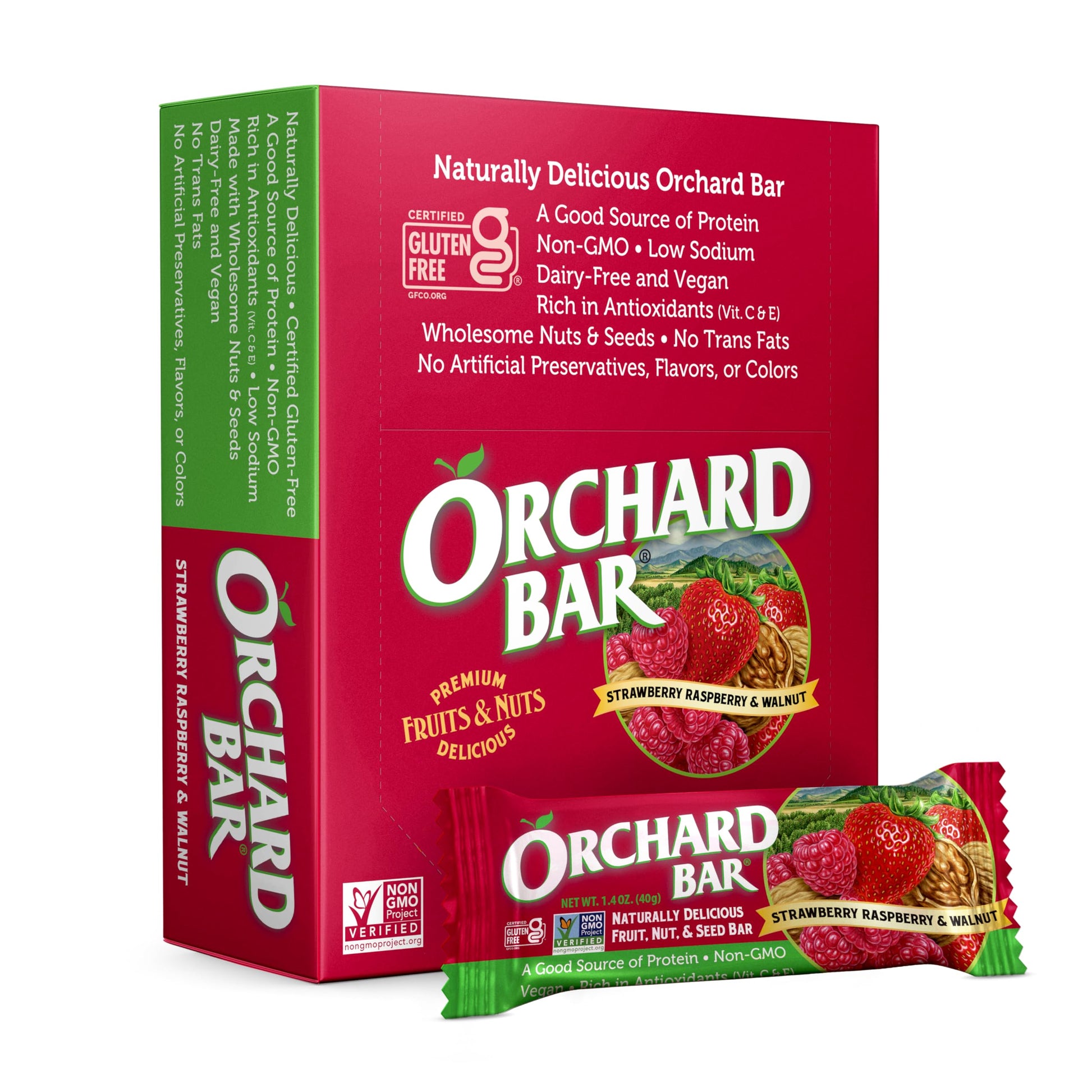 Orchard Bar Non-GMO Fruit & Nut Bars, Strawberry Raspberry Walnut, 1.4 Oz, Pack of 12
