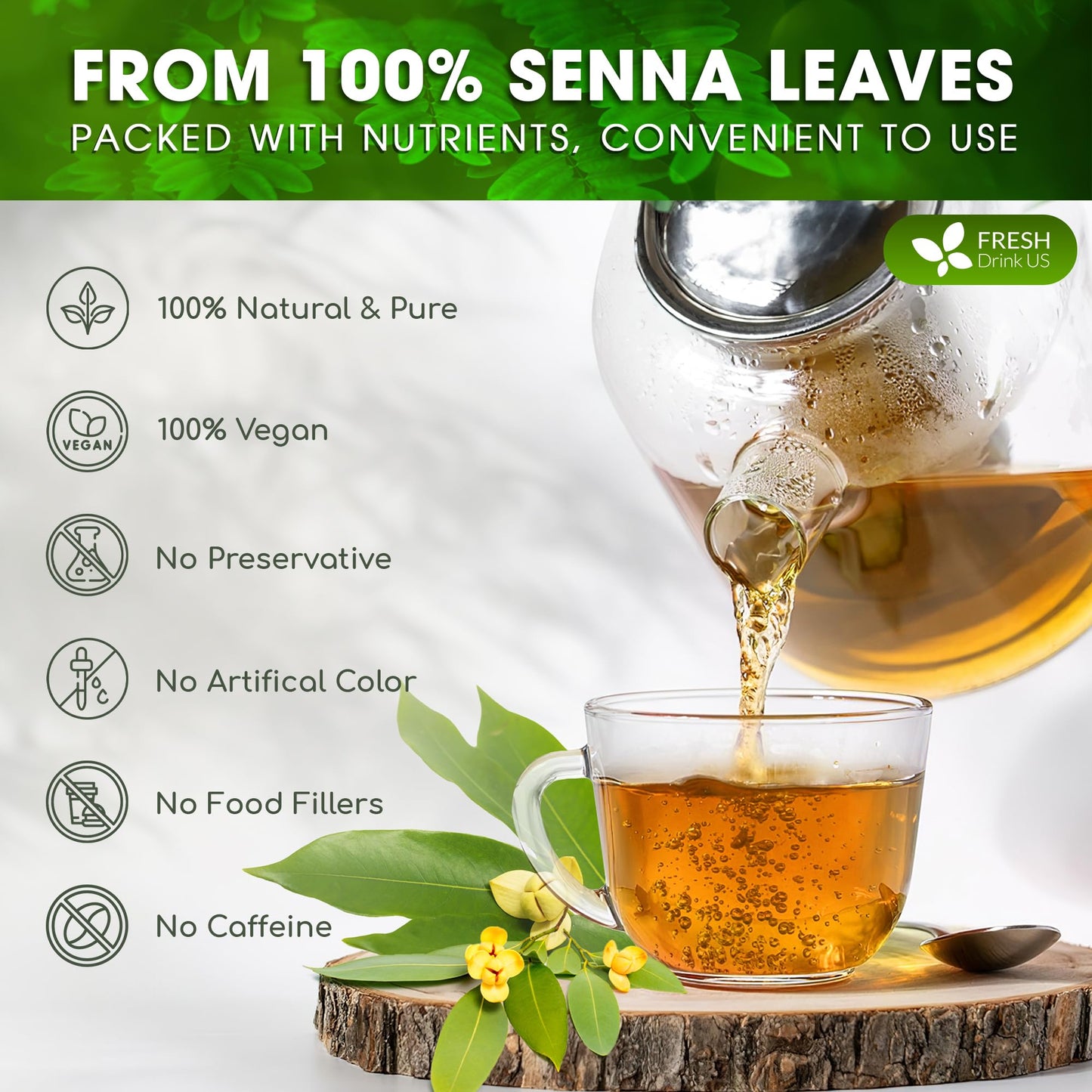 FRESHDRINKUS Senna Leaf Tea, 100% Natural & Pure, Loose Leaf Herbal Tea, 10oz, Vegan, No Additives, No Caffeine