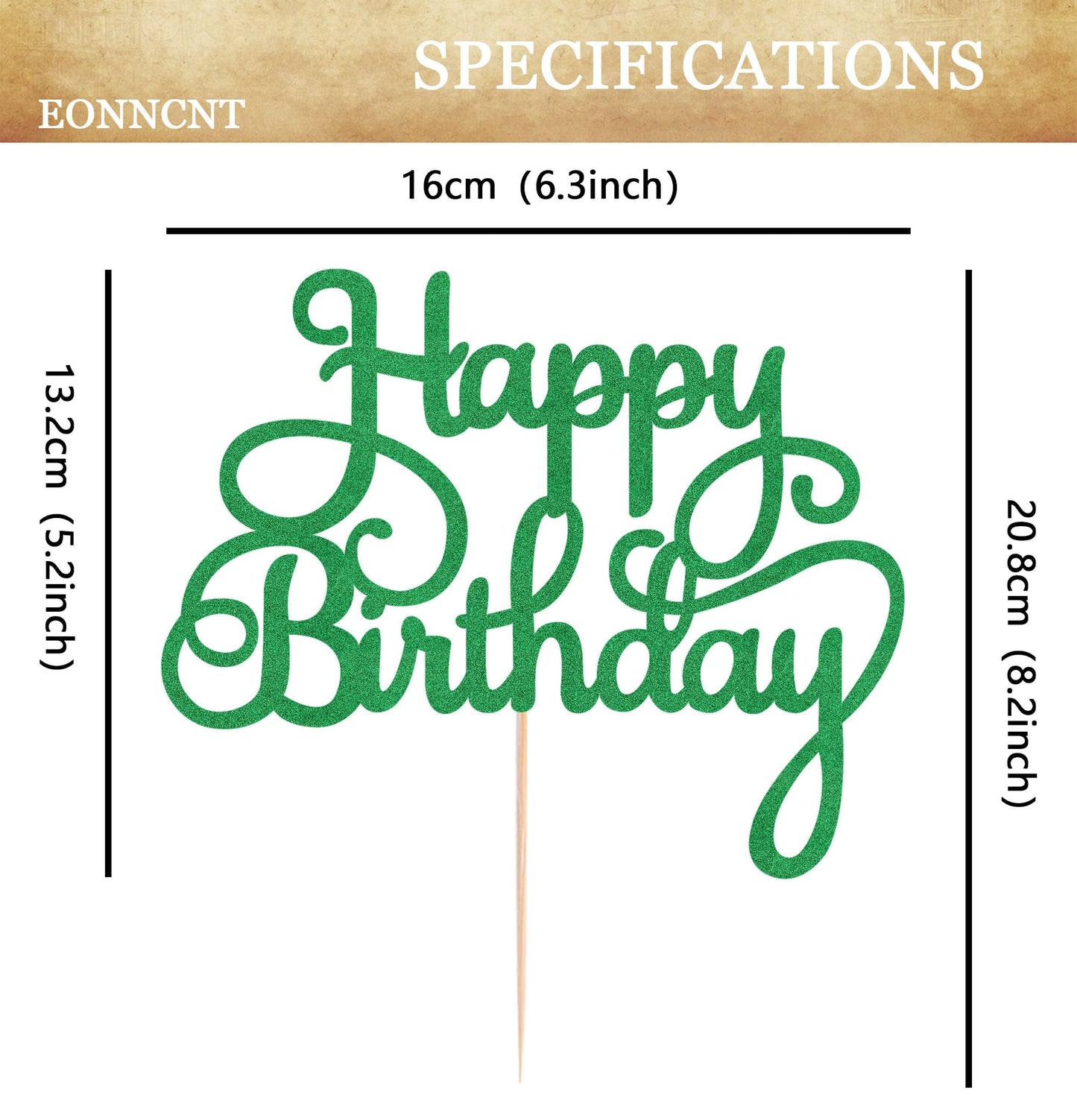 EONNCNT Happy Birthday Cake Topper - Green Glitter Paper Decoration - Model MOUCCT-HB