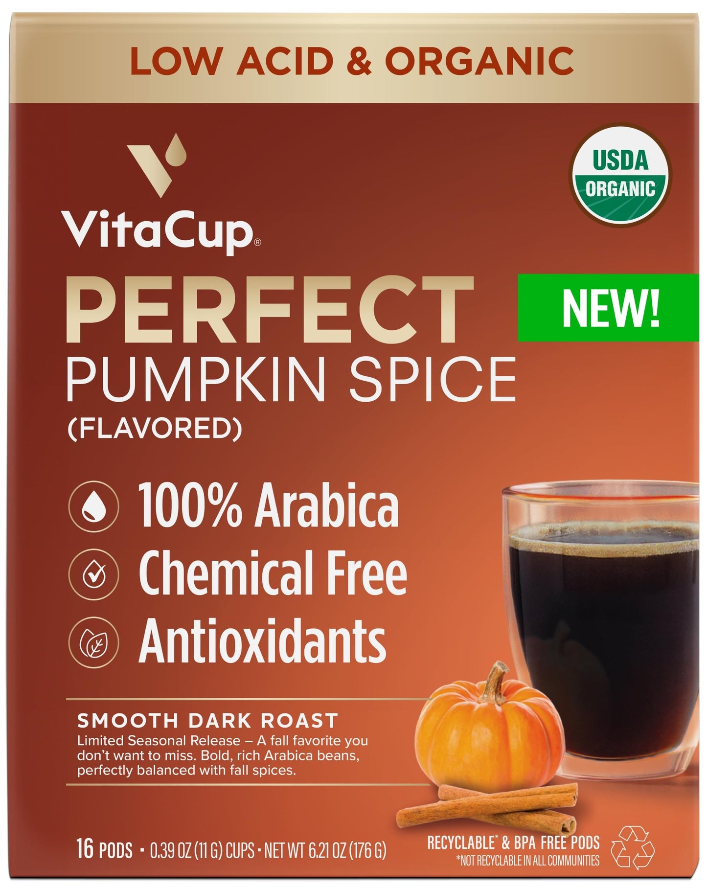 VitaCup Pumpkin Spice Coffee Pods, Medium Dark Roast, 100% Arabica, Compatible with Keurig, 16 Count, Recyclable