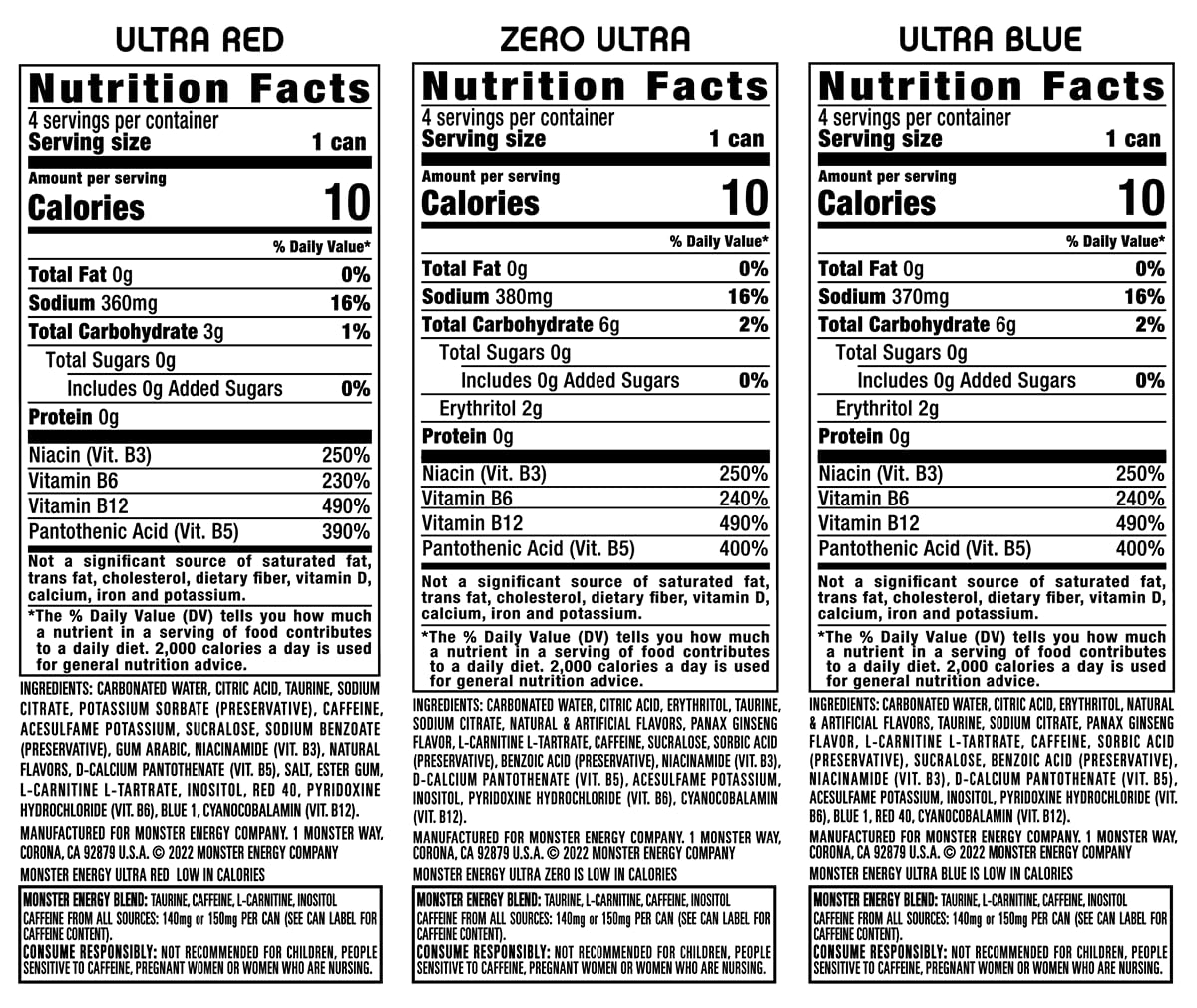 Monster Energy Ultra 3 Flavor Variety Pack, Zero Ultra, Ultra Red, Ultra Blue, Sugar Free Energy Drink, 16 Ounce (Pack Of 12)