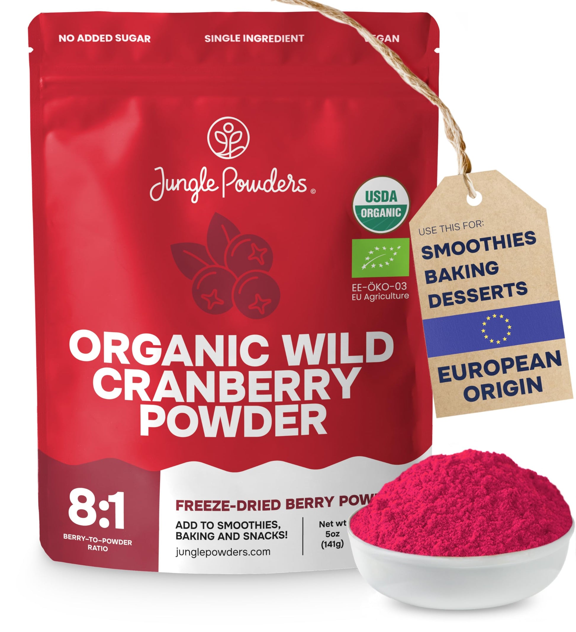 Jungle Powders Wild Cranberry Powder Organic 5 Ounces, USDA Certified Freeze Dried Organic Cranberries Powder for Baking Flavori