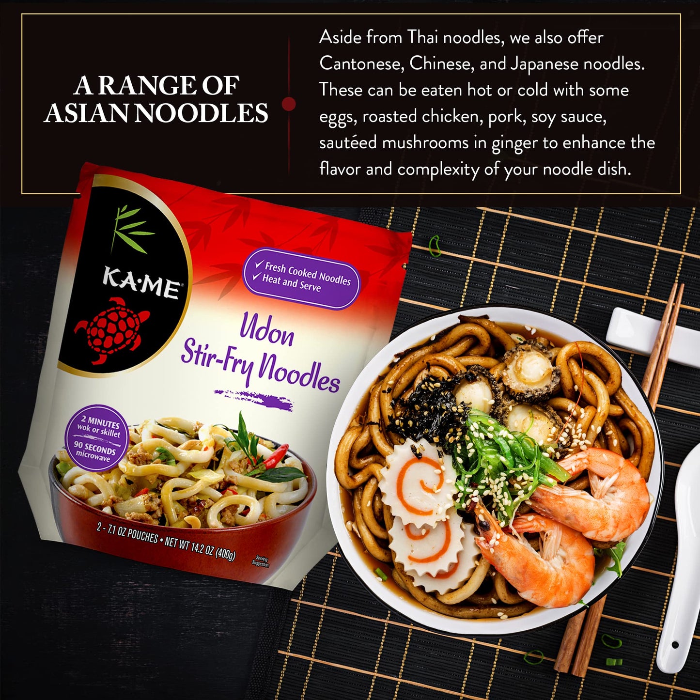 Ka-Me Udon Noodles - Fresh Cooked Stir Fry Noodles 14.2 Oz (Pack Of 6), No Preservatives/Msg, Instant & Microwaveable, Perfect For Traditional Hot & Cold Dishes, Quick Soup Or Stir-Fry & More
