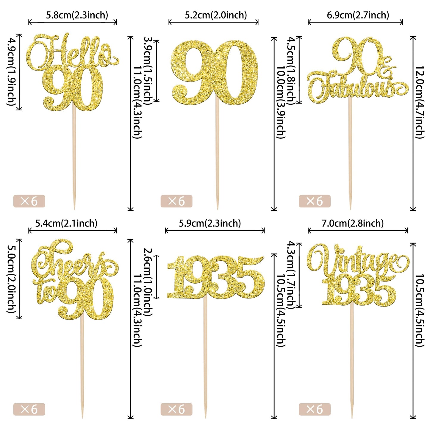 Rssta i 24 Pack Gold Glitter 90th Birthday Cupcake Toppers for Party Decorations