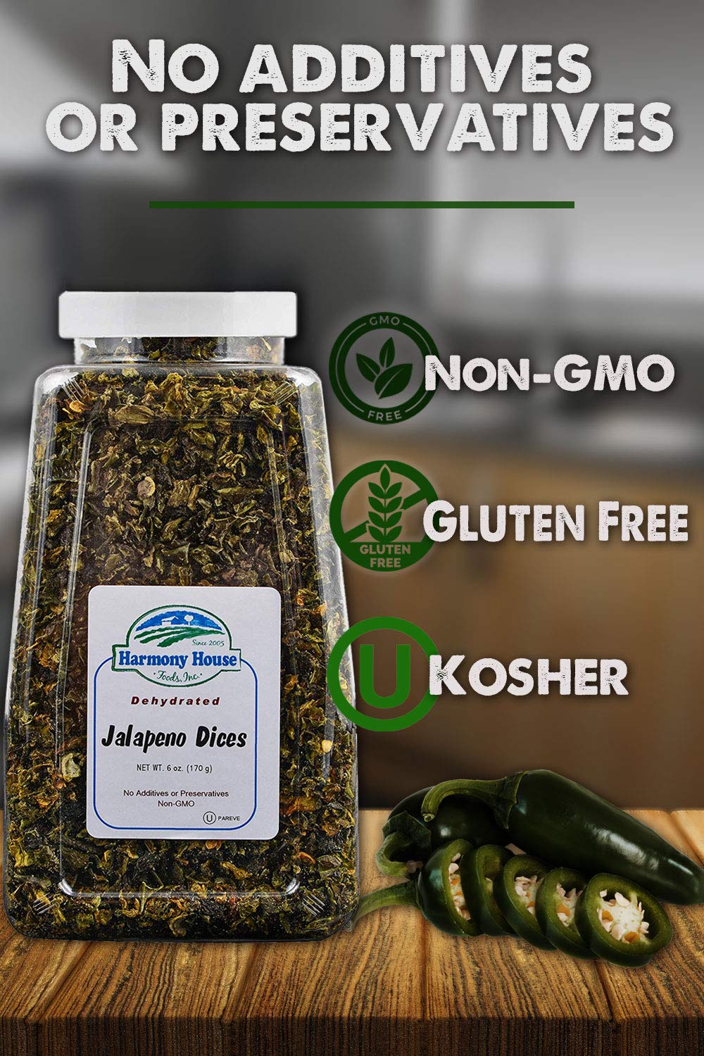 Harmony House Dried Jalapeno Peppers - Dehydrated Peppers For Cooking, Camping, Emergency Supply And More, 6 Oz, Quart Jar