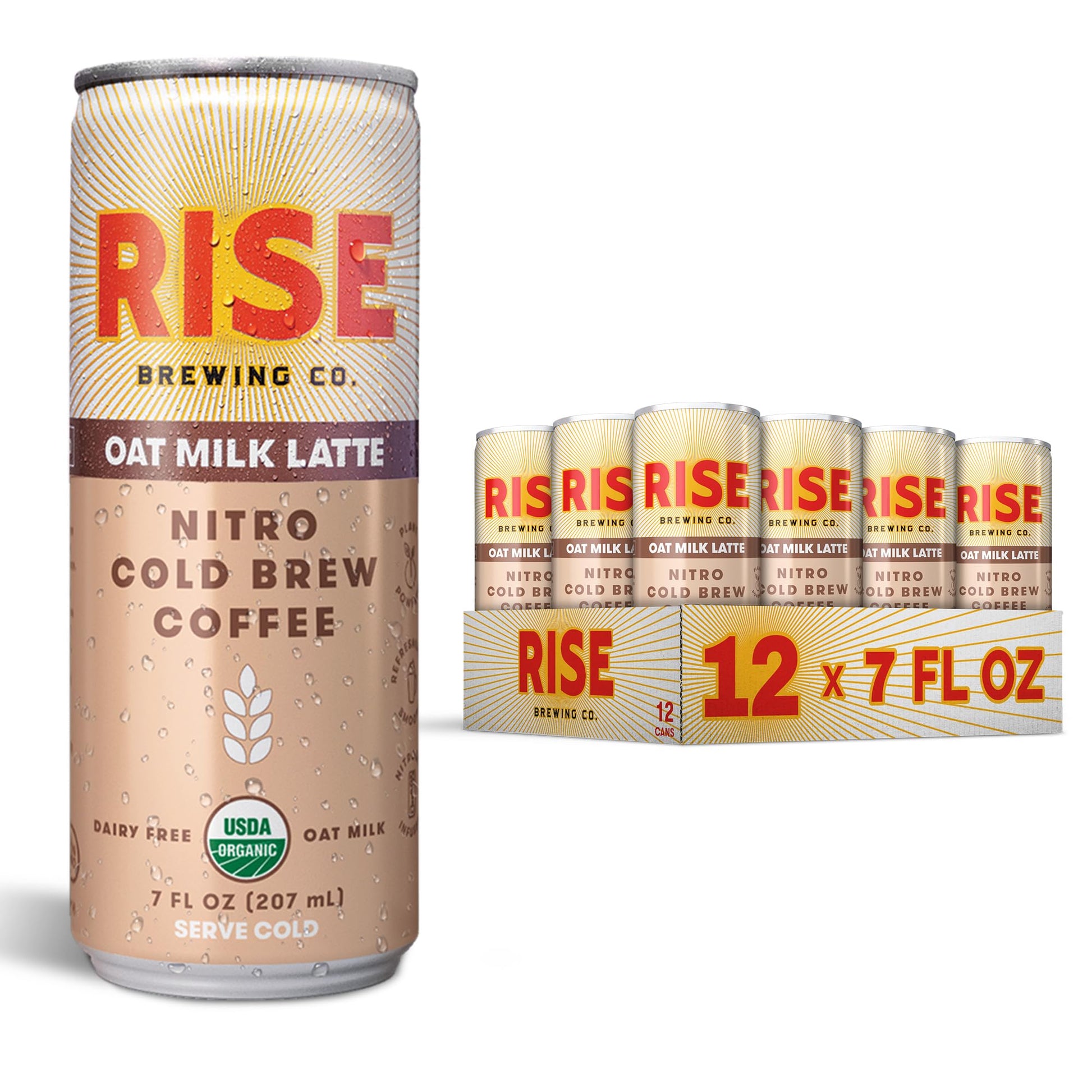 Rise Brewing Co. Oat Milk Nitro Cold Brew Latte, No Sugar Added & No Dairy, Organic & Non-Gmo, Low Acidity & Vegan, 7 Fl. Oz. Ca