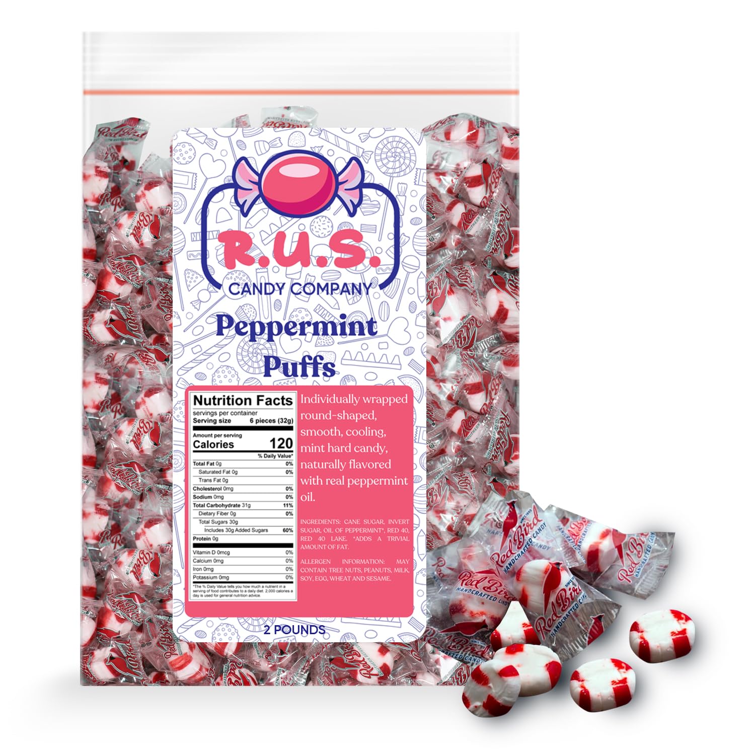 R.U.S. Candy Company Peppermint Puffs Candy - 2 Pound Bag - Refreshing Soft Mint Candy Perfect for Parties and Holiday Celebrati