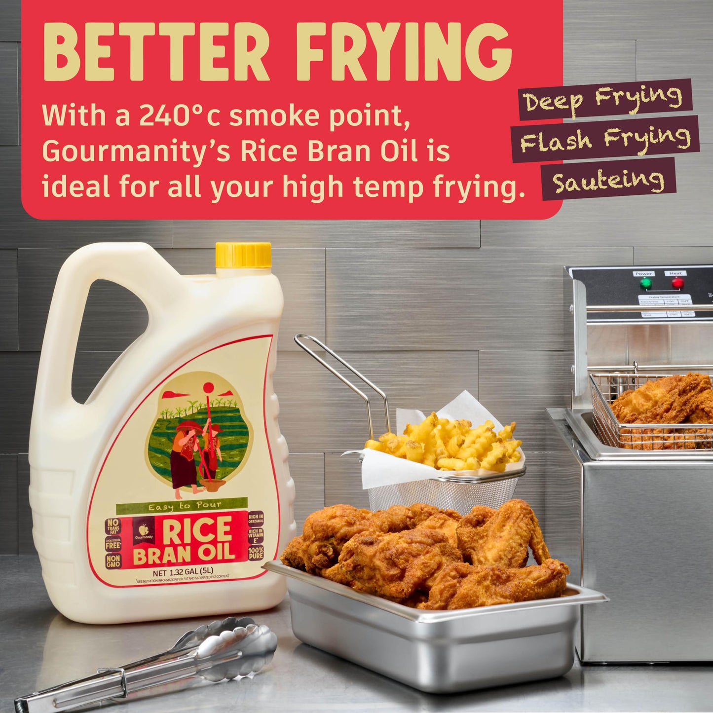 Gourmanity Rice Bran Oil, Bulk 1.32 Gallon Easy Pour Bottle, Heart Healthy Oil Made From 100% Pure Rice Bran, Perfect For Cookin