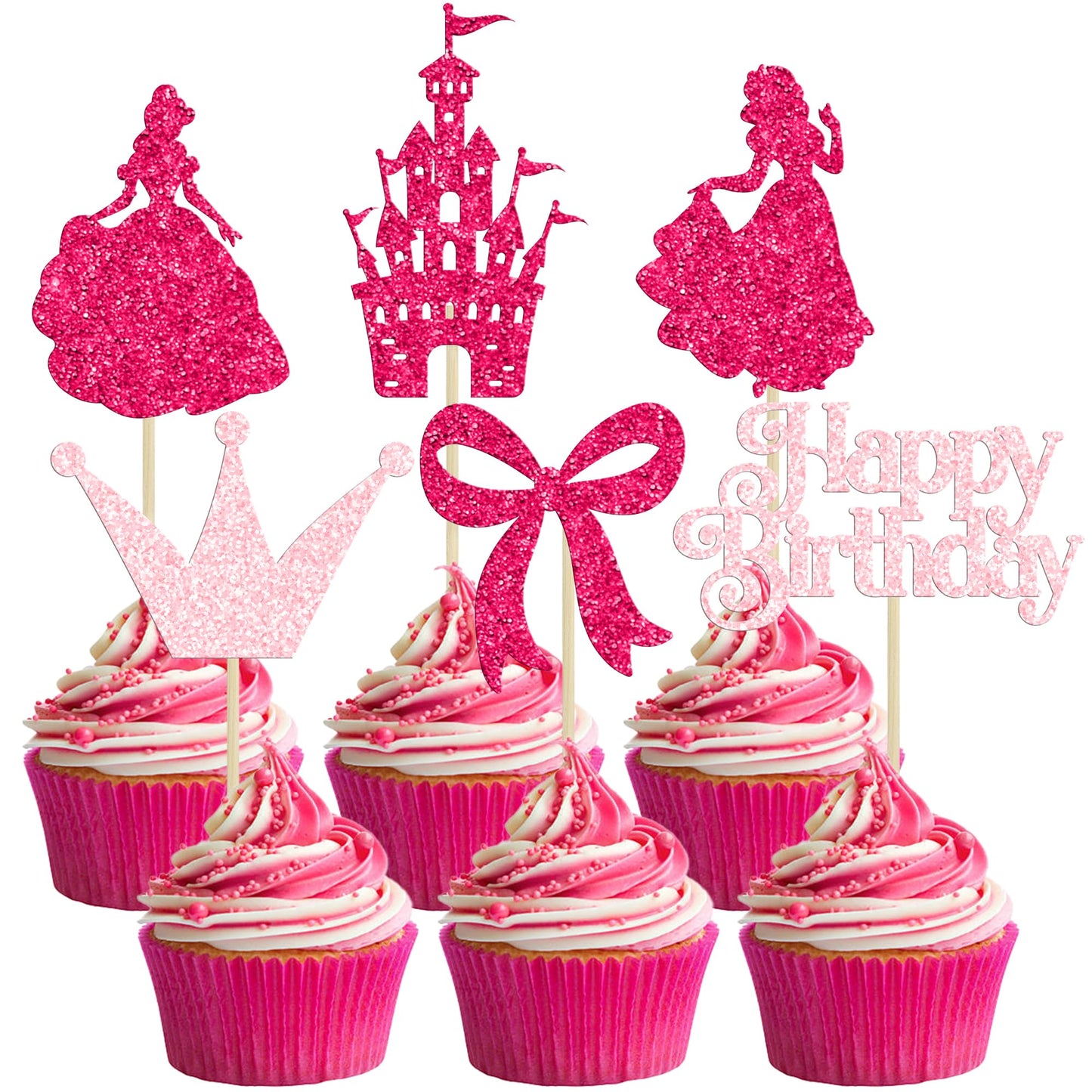 Gyufise 24Pcs Princess Cupcake Toppers Glitter Castle Bowknot Happy Birthday Cake Topper Decorations for Princess Happy Birthday