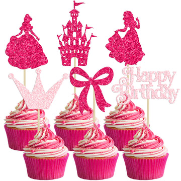 Gyufise 24Pcs Princess Cupcake Toppers Glitter Castle Bowknot Happy Birthday Cake Topper Decorations for Princess Happy Birthday