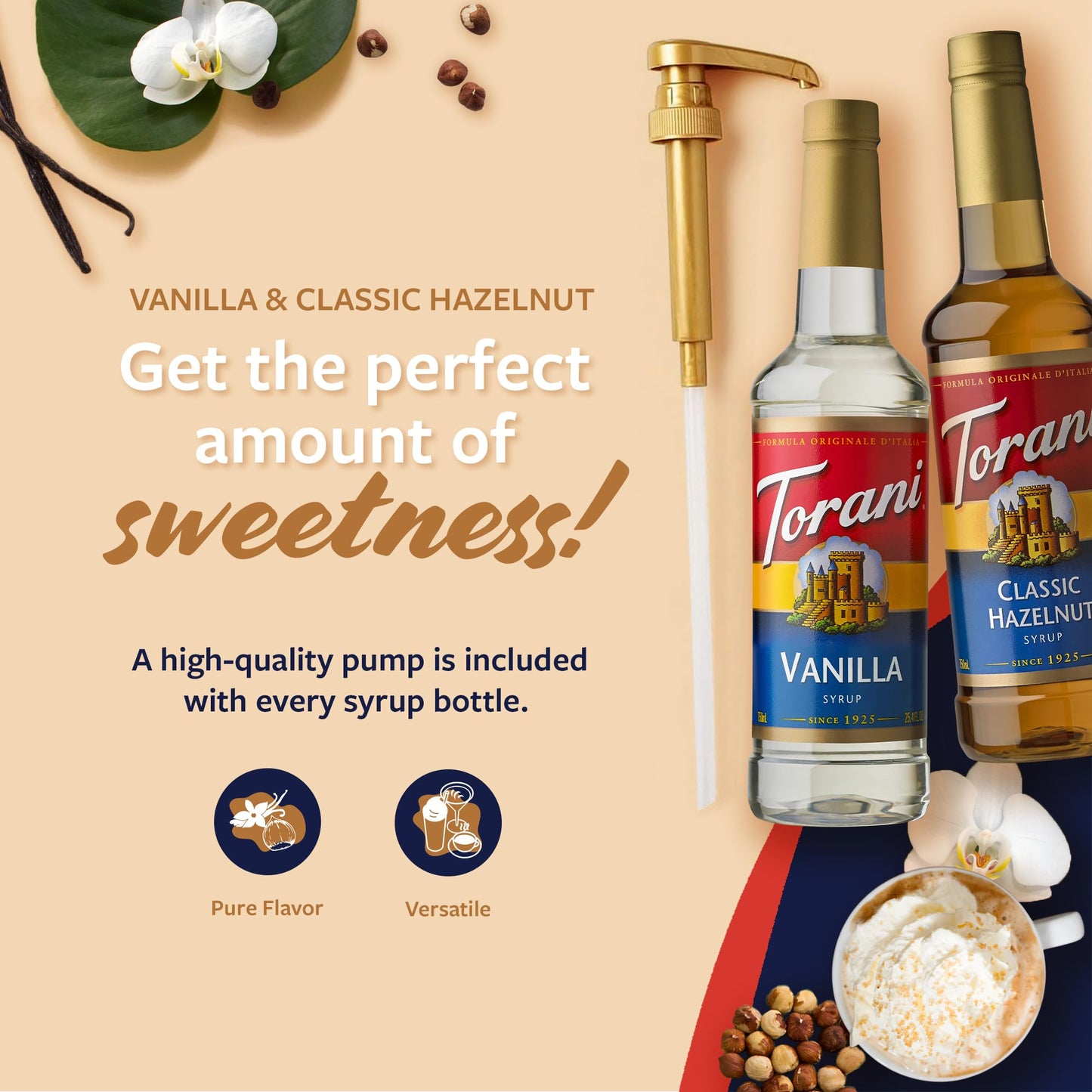 Torani Syrups, Classic Hazelnut And Vanilla Syrup Variety 2-Pack, Coffee Syrups For Drinks, Pumps Included, 25.4 Fl Oz Ea