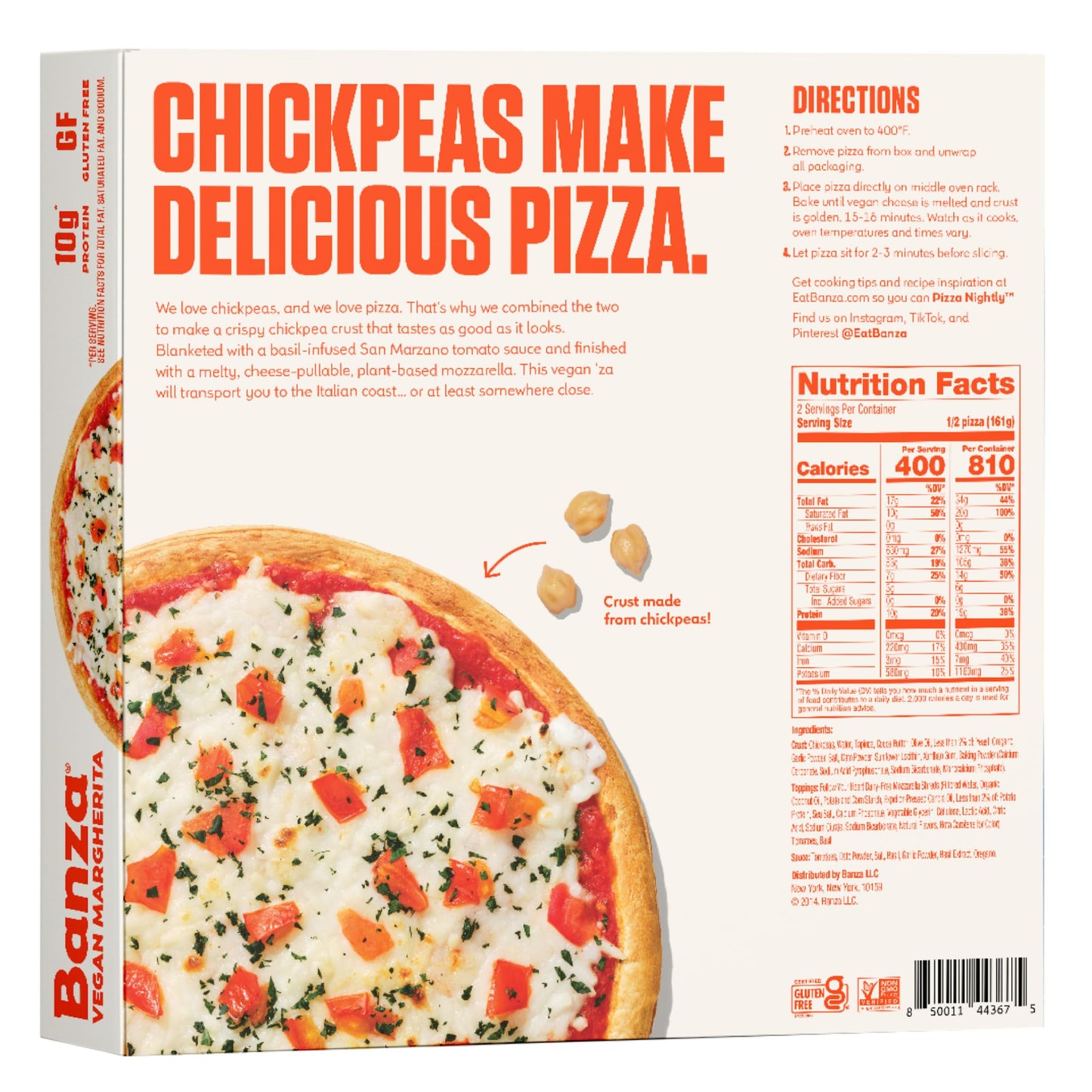 Banza Vegan Margherita Frozen Pizza from Chickpeas - High Protein, Dairy Free, Gluten Free, Vegan Pizza, 11.4oz