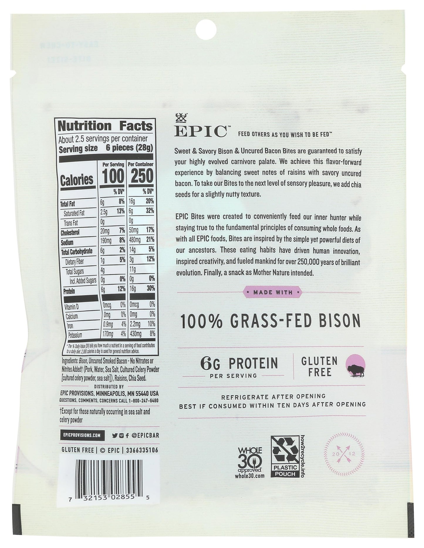 Epic, Protein Bites, Gluten-Free, Bison And Bacon, 2.5 Oz