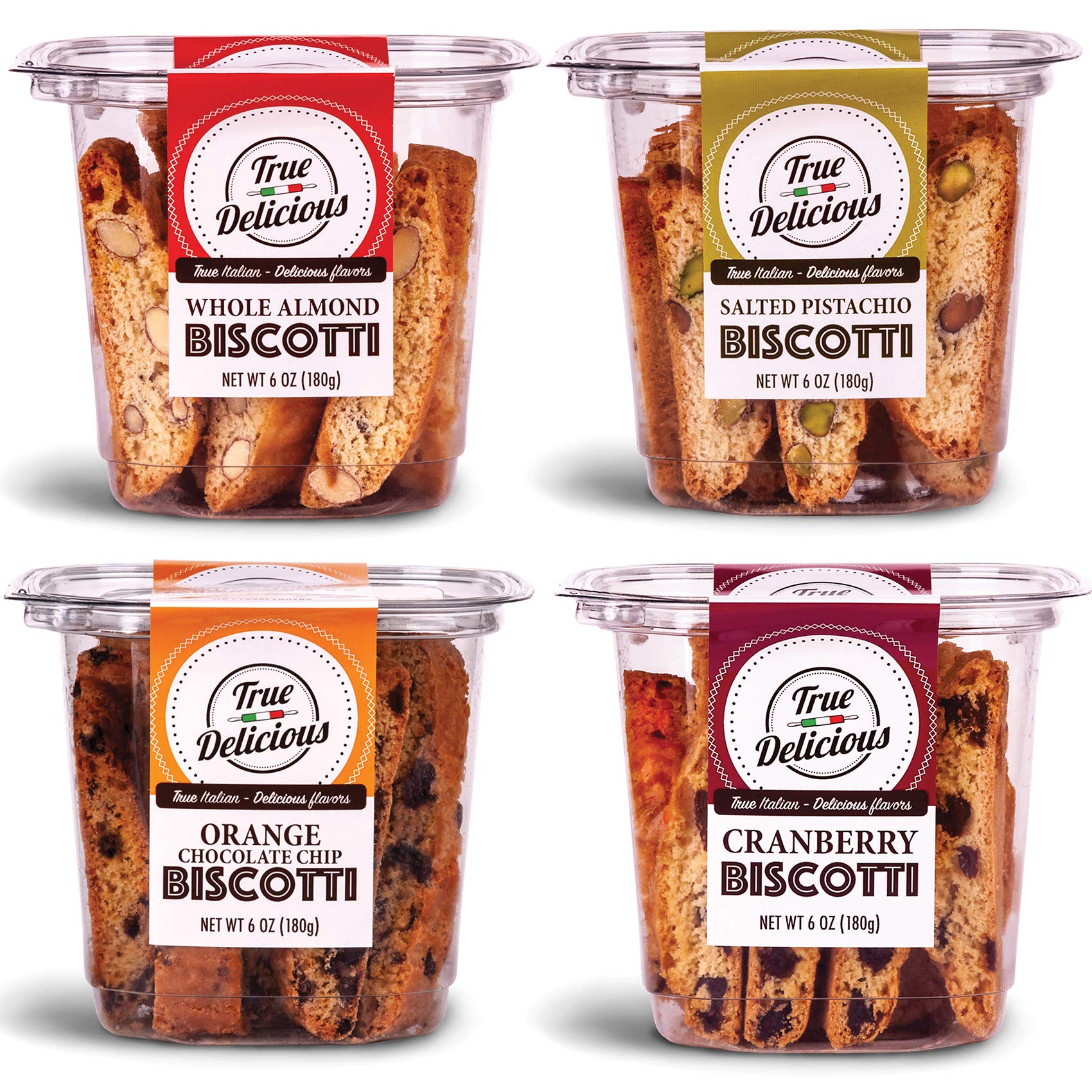 True Delicious Biscotti  4 Boxes Of Different Flavors (Whole Almond  Salted Pistachio  Orange Chocolate Chip  Cranberry)  4X6Oz