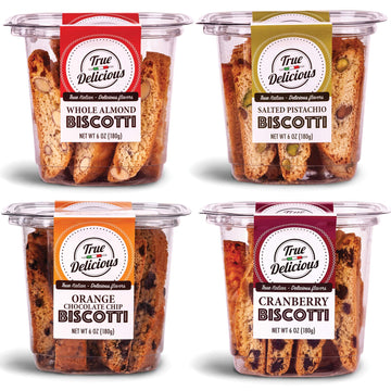 True Delicious Biscotti  4 Boxes Of Different Flavors (Whole Almond  Salted Pistachio  Orange Chocolate Chip  Cranberry)  4X6Oz