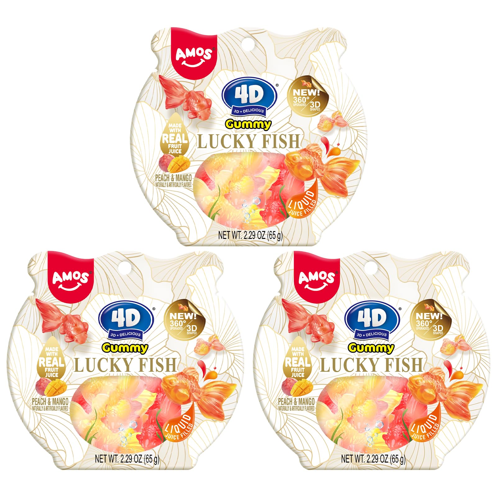 AMOS 4D Gummy Goldfish Lucky Fish Candy, 3D Goldfish-Shaped Filled Gummies, Made with Real Mango & Peach Juice, Gluten-Free, 65g