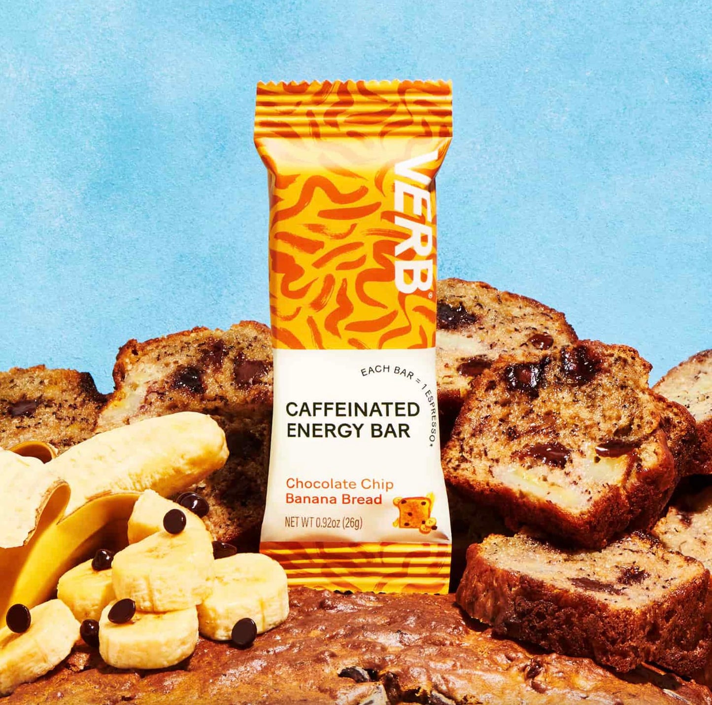 Verb Caffeinated Energy Bars Chocolate Chip Banana Bread (26G, Pack Of 16) 110-Calorie Delicious Energy Bar, Gluten Free On-The Go Snack With 80Mg Green Tea Caffeine, Only Real-Food Ingredients
