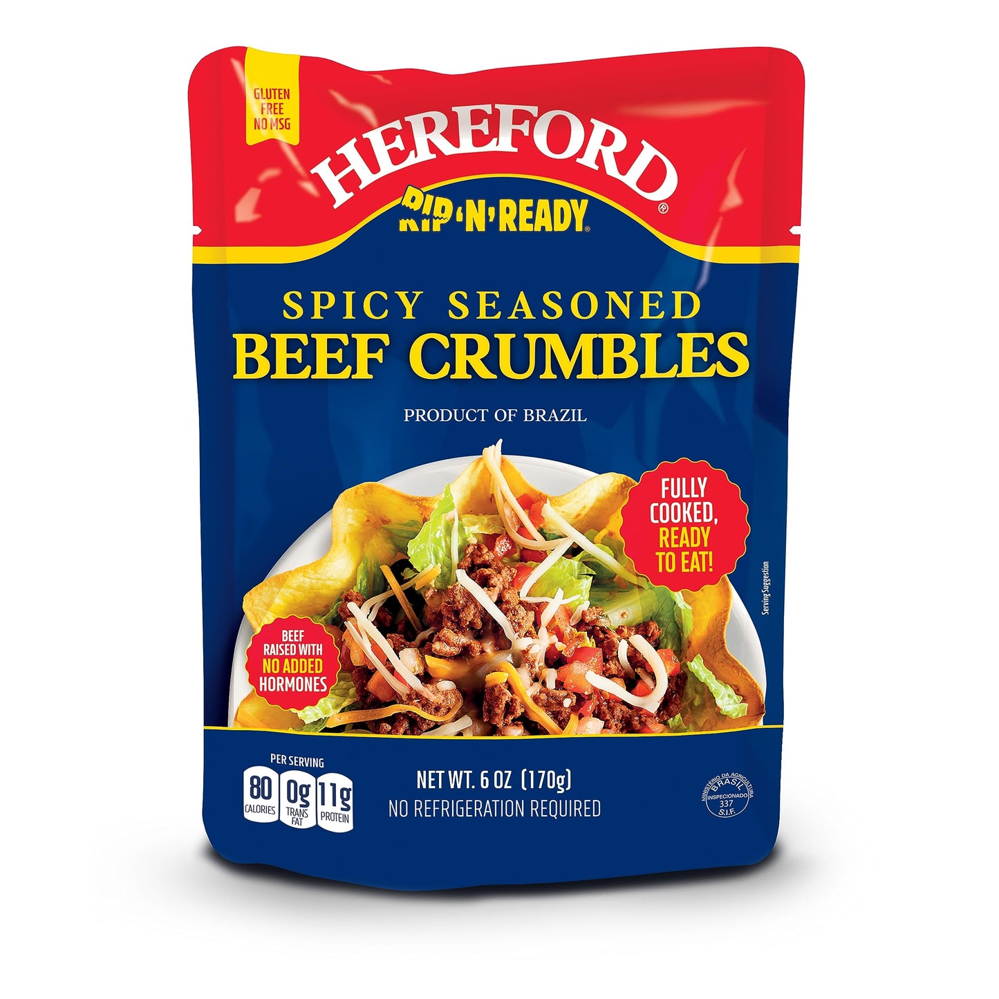 HEREFORD Spicy Seasoned Beef Crumbles, Fully Cooked & Ready-to-Eat, 12g Protein, 6oz Pouch, Shelf Stable, Halal, Case of 12