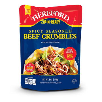 HEREFORD Spicy Seasoned Beef Crumbles, Fully Cooked & Ready-to-Eat, 12g Protein, 6oz Pouch, Shelf Stable, Halal, Case of 12